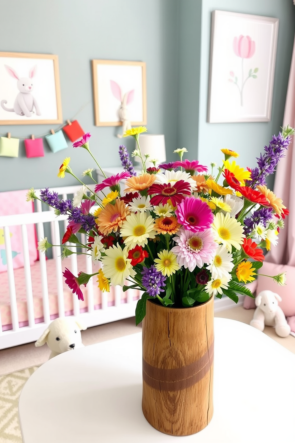 A vibrant DIY flower display fills the room with cheerful accents. The arrangement features a mix of colorful blooms in various heights, set in a rustic wooden vase. The nursery is decorated with soft pastel colors and playful patterns. Whimsical wall art and plush toys create a warm and inviting atmosphere for spring.