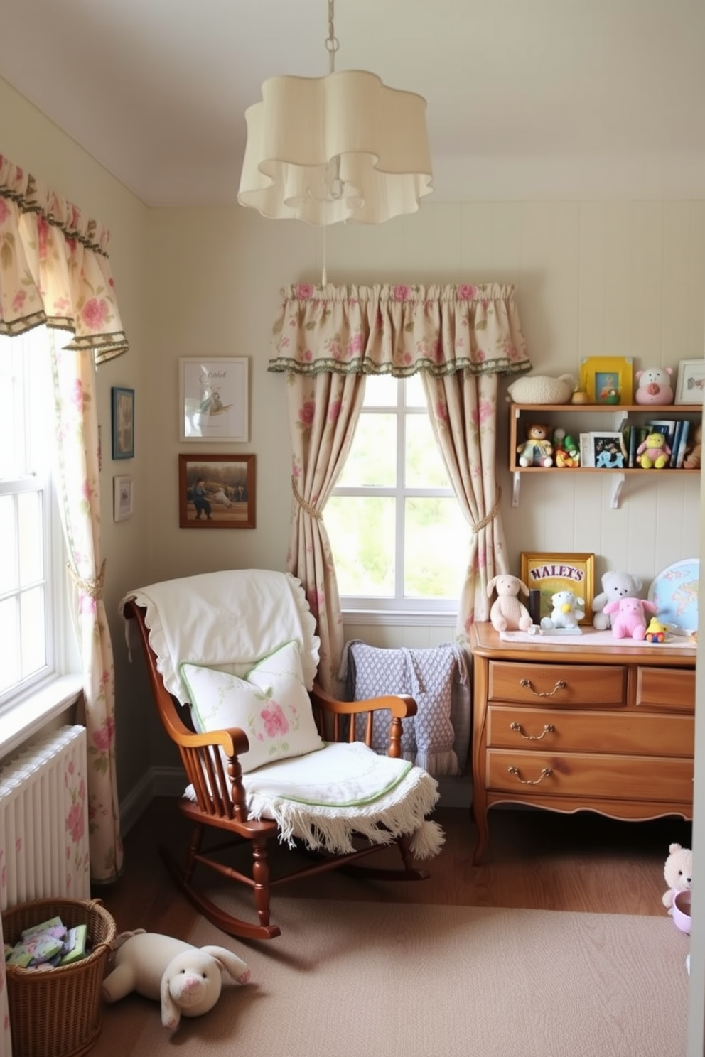 A charming nursery filled with cottagecore elements. Soft pastel colors adorn the walls, while floral patterns decorate the curtains and bedding. A wooden rocking chair sits in the corner, surrounded by plush cushions. A vintage dresser holds an array of toys and books, creating a warm and inviting atmosphere.