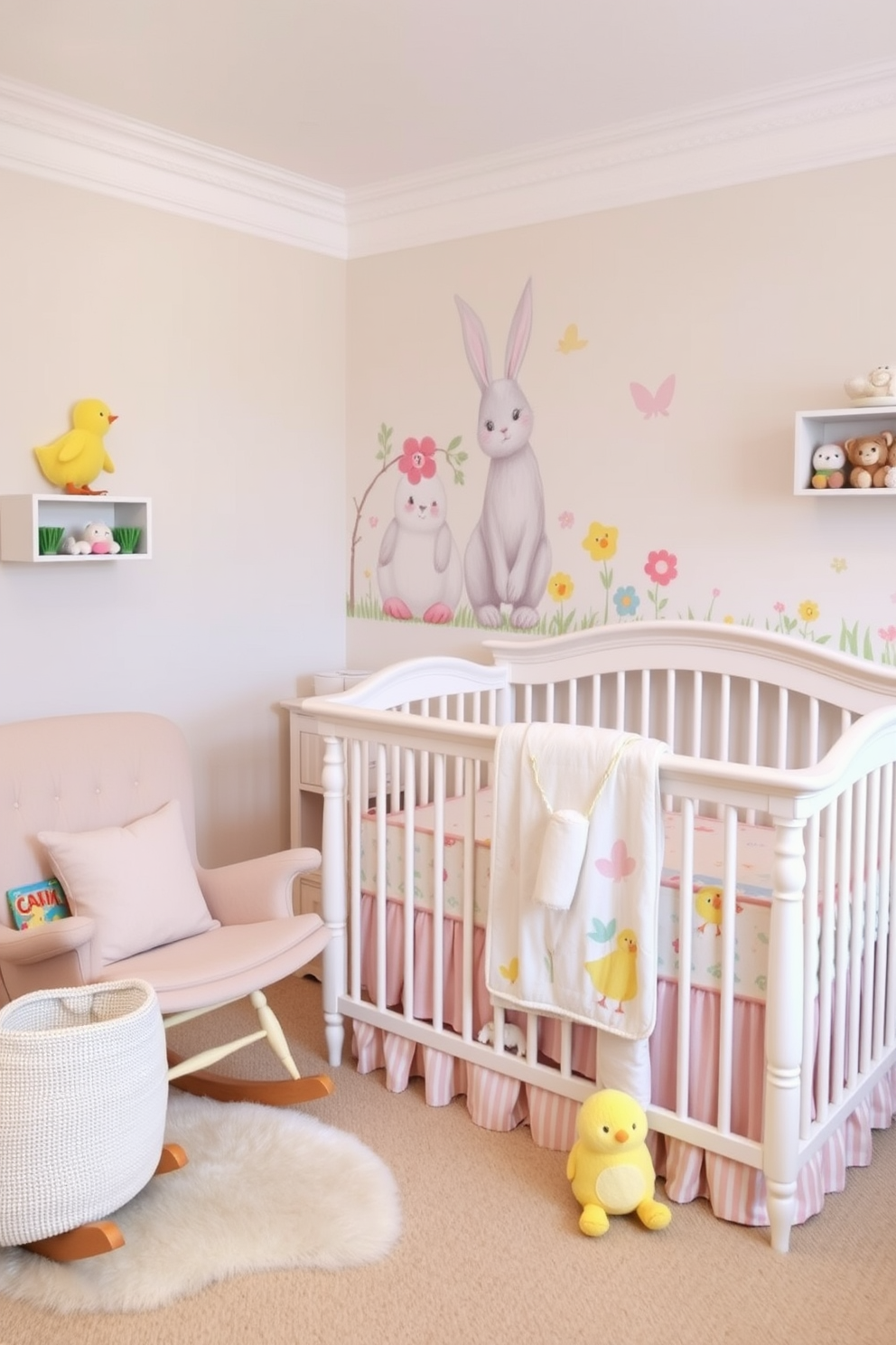 A whimsical nursery setting filled with bunny and chick motifs that evoke spring joy. Soft pastel colors dominate the space, with a large mural of bunnies and chicks adorning one wall, creating a cheerful atmosphere. The crib is adorned with a quilt featuring playful patterns of bunnies and chicks, complemented by plush toys scattered around. A cozy rocking chair in the corner invites relaxation, while a small bookshelf holds colorful children's books and stuffed animals.