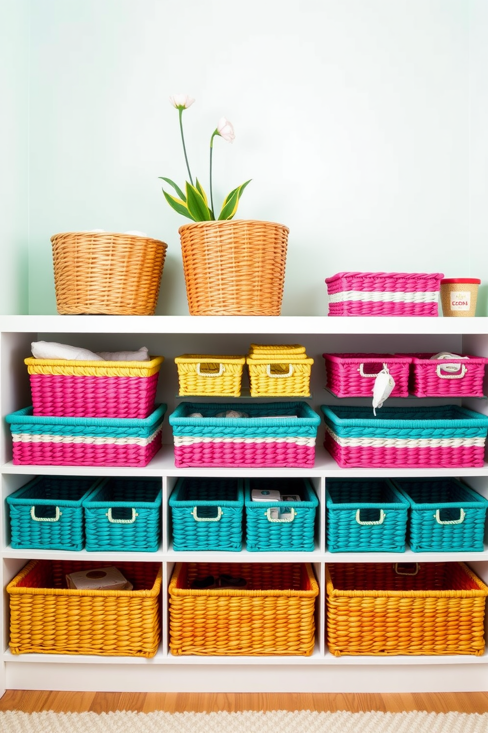 Create a vibrant spring nursery filled with colorful storage baskets that provide organization and style. The walls are painted in soft pastel shades, and the baskets are arranged neatly on shelves, adding a playful touch to the decor.