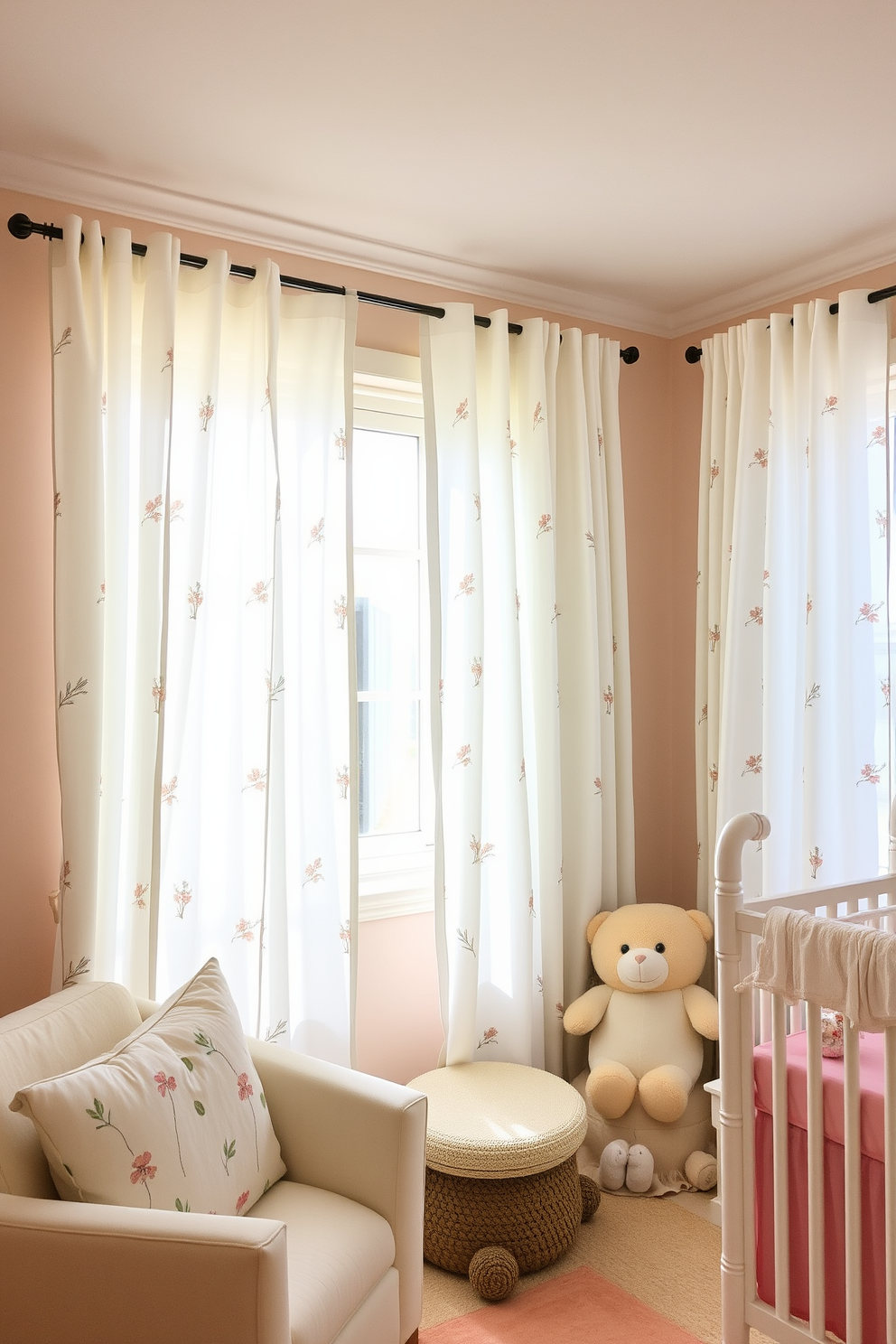 Light-filtering curtains gently sway in the breeze, allowing soft sunlight to illuminate the cheerful nursery. The walls are painted in pastel hues, creating a serene backdrop for whimsical decor and playful accents. Delicate floral patterns adorn the curtains, adding a touch of nature to the bright and airy space. Comfortable seating is arranged near a cozy reading nook, inviting moments of bonding and relaxation.