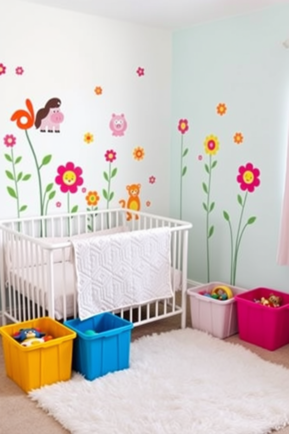 A cheerful nursery designed for spring with playful wall decals featuring animals and flowers. The walls are painted in soft pastel colors, creating a bright and inviting atmosphere. A cozy crib is adorned with a light quilt, and a plush rug adds warmth to the space. Colorful storage bins are filled with toys, making it easy to keep the room organized and fun.