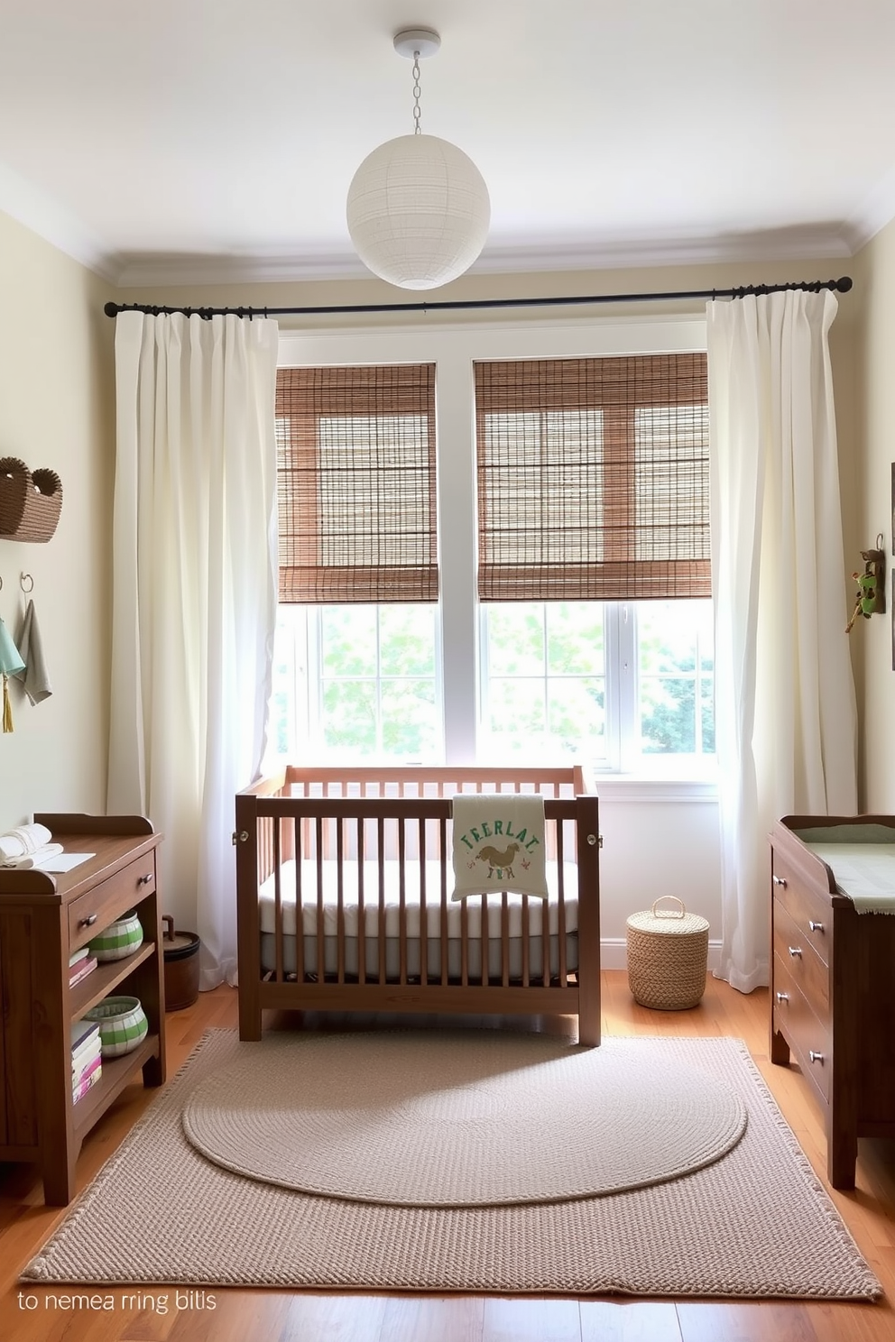 A serene nursery filled with eco-friendly materials and sustainable design elements. The walls are painted in soft pastel colors with organic cotton curtains and a reclaimed wood crib. Natural light floods the room through large windows adorned with bamboo shades. A cozy area rug made from recycled fibers sits on the floor, complemented by a changing table crafted from sustainable wood.