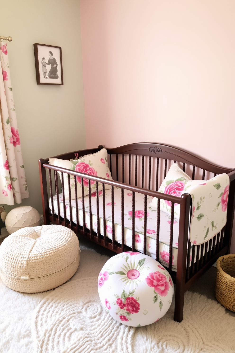 A cozy nursery adorned with floral print cushions that add a touch of comfort and warmth. The walls are painted in soft pastel colors, and a plush area rug complements the inviting atmosphere.