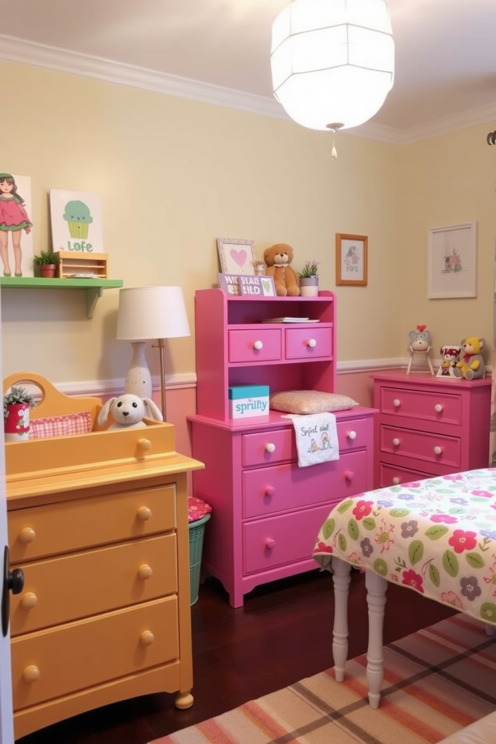 Brightly painted furniture adds a playful and vibrant touch to a spring nursery. The room features a cheerful color palette with a mix of pastel shades and bold accents, creating an inviting atmosphere for both children and parents.