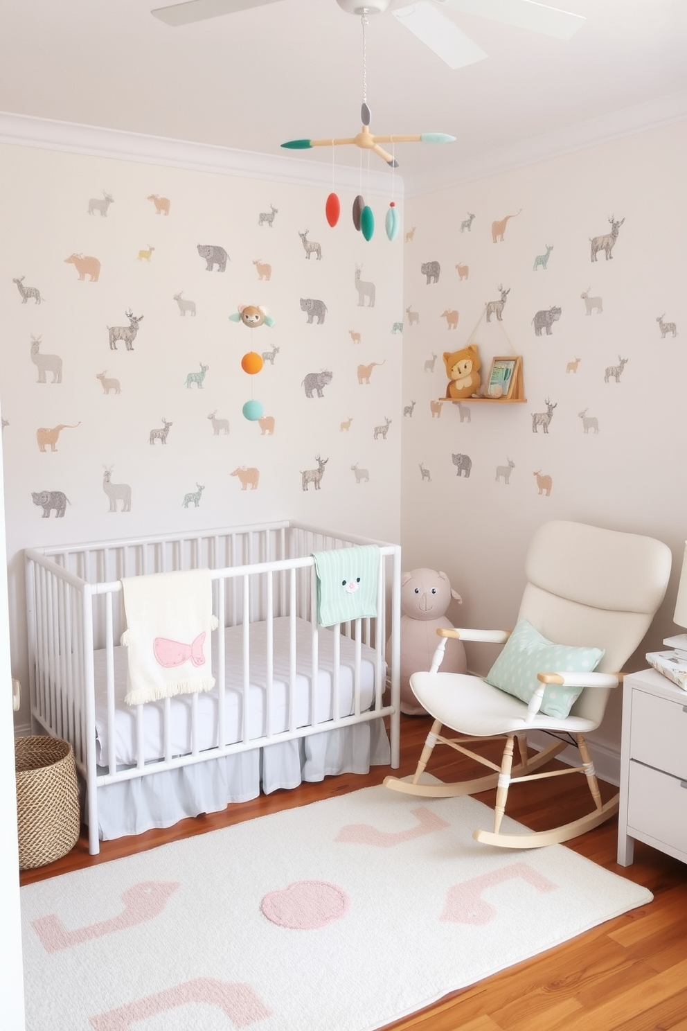 A cozy spring nursery filled with soft pastel colors. The walls are adorned with whimsical animal prints and a comfortable rocking chair sits in the corner. A handmade mobile with colorful felt shapes hangs above the crib. A soft area rug in shades of mint and peach adds warmth to the wooden floor.