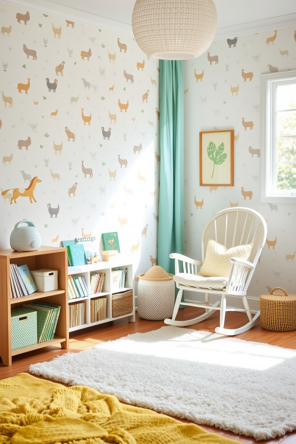 A cozy spring nursery filled with soft pastel colors and natural light. The walls are adorned with whimsical animal wallpaper, and a comfortable rocking chair sits in the corner next to a small bookshelf filled with children's books. A nature sounds machine is placed on a wooden shelf, providing soothing ambiance for the little one. Plush rugs in shades of green and yellow cover the floor, creating a warm and inviting space for playtime.