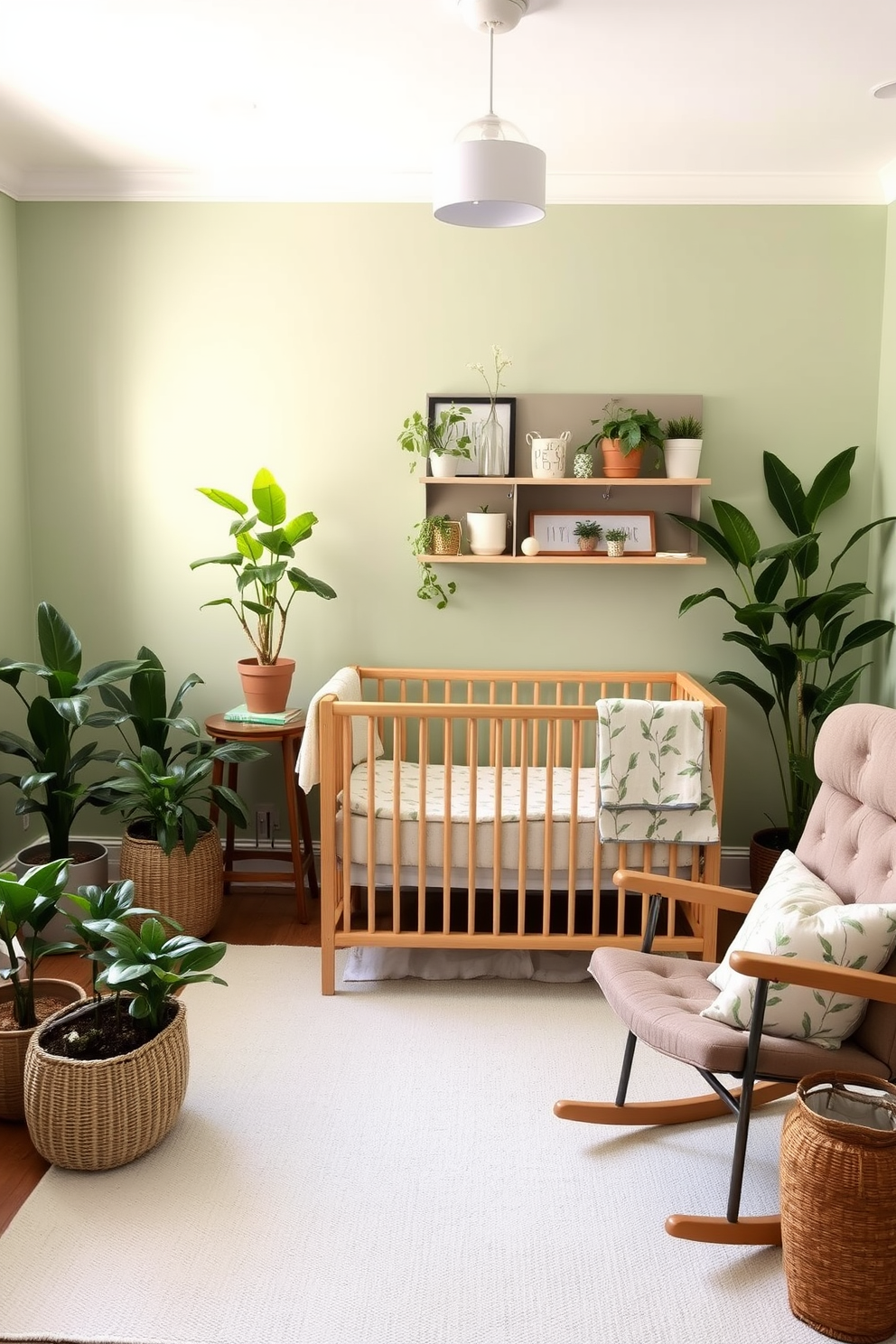 A serene nursery space designed with gender neutral botanical decor. Soft green walls create a calming atmosphere while various potted plants add a touch of nature and freshness. The furniture includes a cozy crib with a natural wood finish and a plush rocking chair for comfort. Textiles feature botanical prints in muted tones, enhancing the overall versatility of the design.