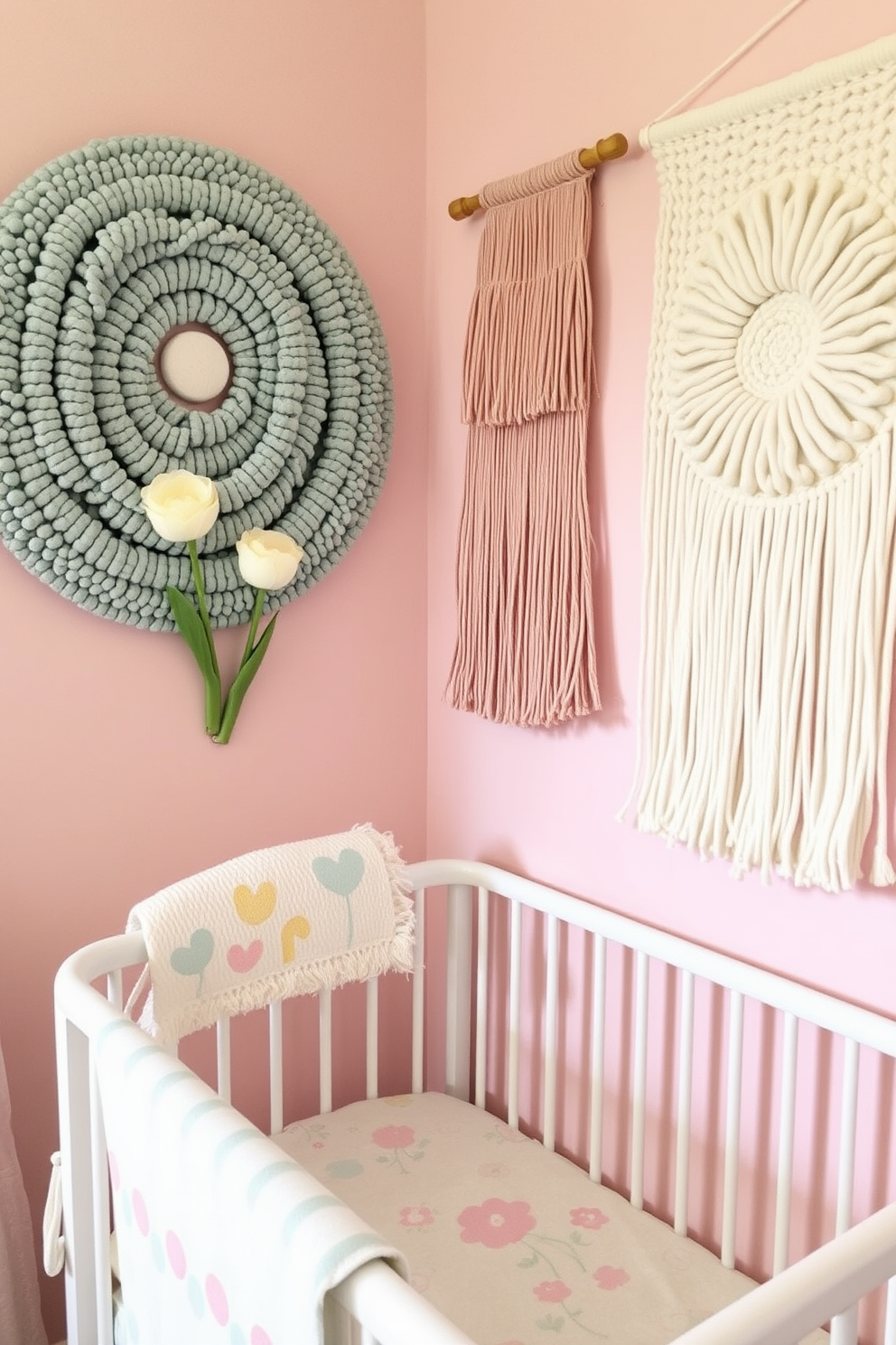 Textured wall hangings add a layer of visual depth to a spring nursery. Soft pastel colors and playful patterns create a warm and inviting atmosphere for a child's space.