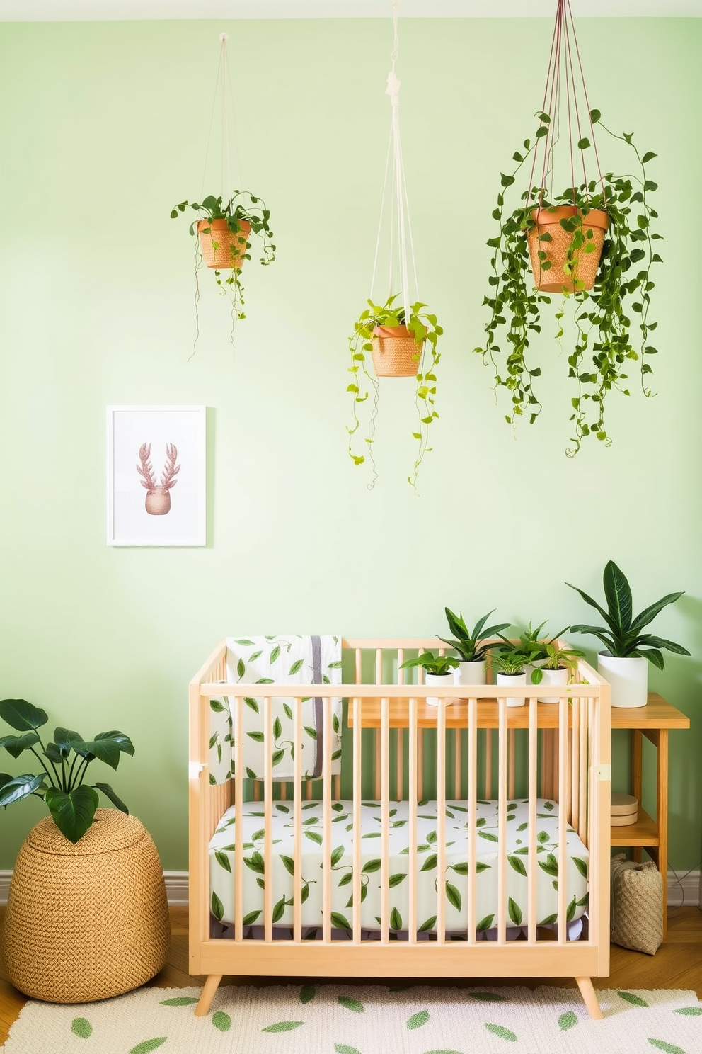 A bright and airy nursery filled with plant-themed accessories. Soft green walls create a calming backdrop for a cozy crib adorned with leafy-patterned bedding. A collection of potted plants in varying heights sits on a wooden shelf, adding a touch of nature to the space. Hanging planters with trailing vines are suspended from the ceiling, enhancing the room's organic feel.