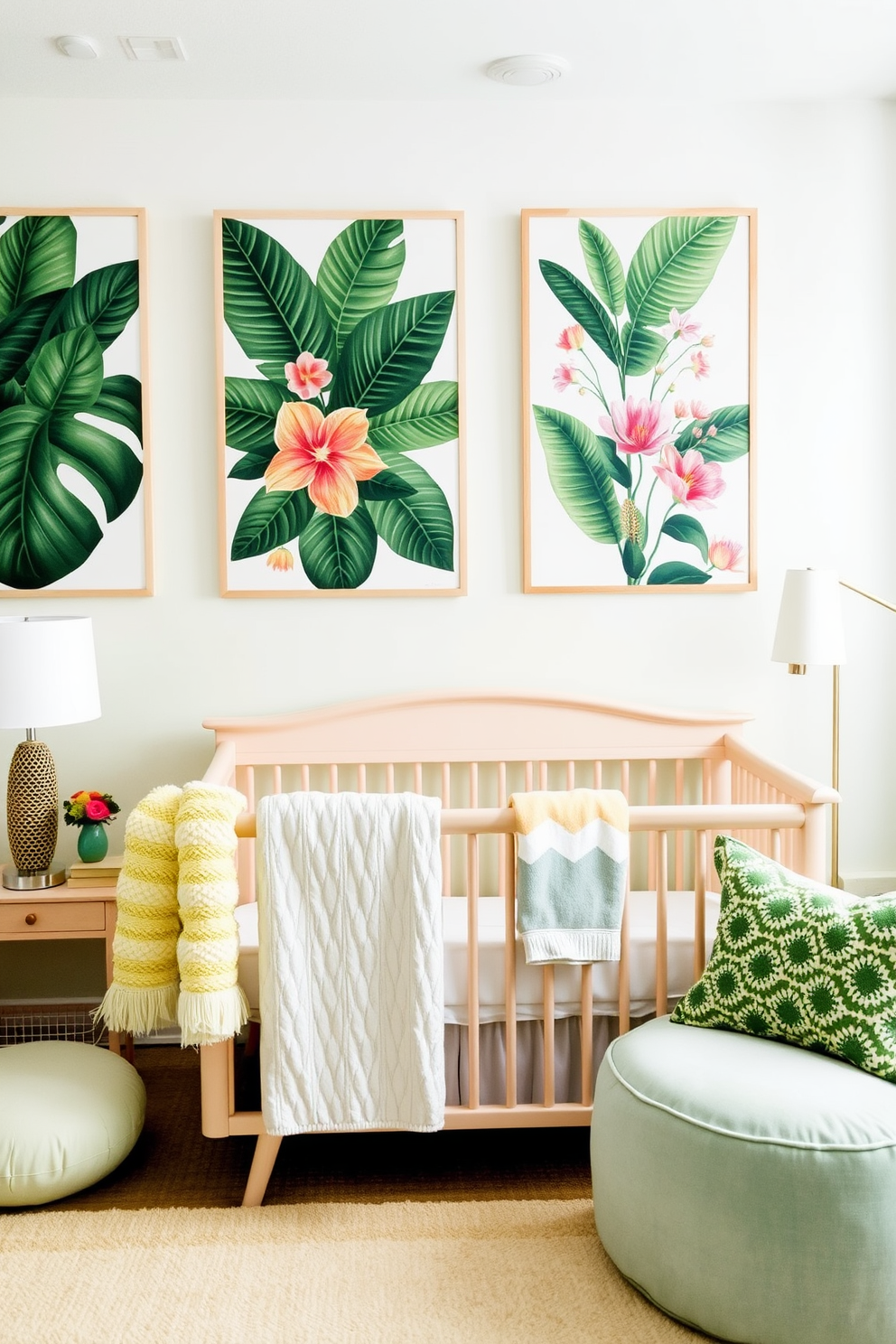 Oversized botanical prints adorn the walls, creating a vibrant and lively atmosphere in the nursery. The prints feature lush green leaves and colorful flowers, adding a touch of nature to the space. Soft pastel colors dominate the decor, with a mix of mint green and pale yellow for a calming effect. Plush furnishings and cozy textiles create a welcoming environment for both parents and their little ones.