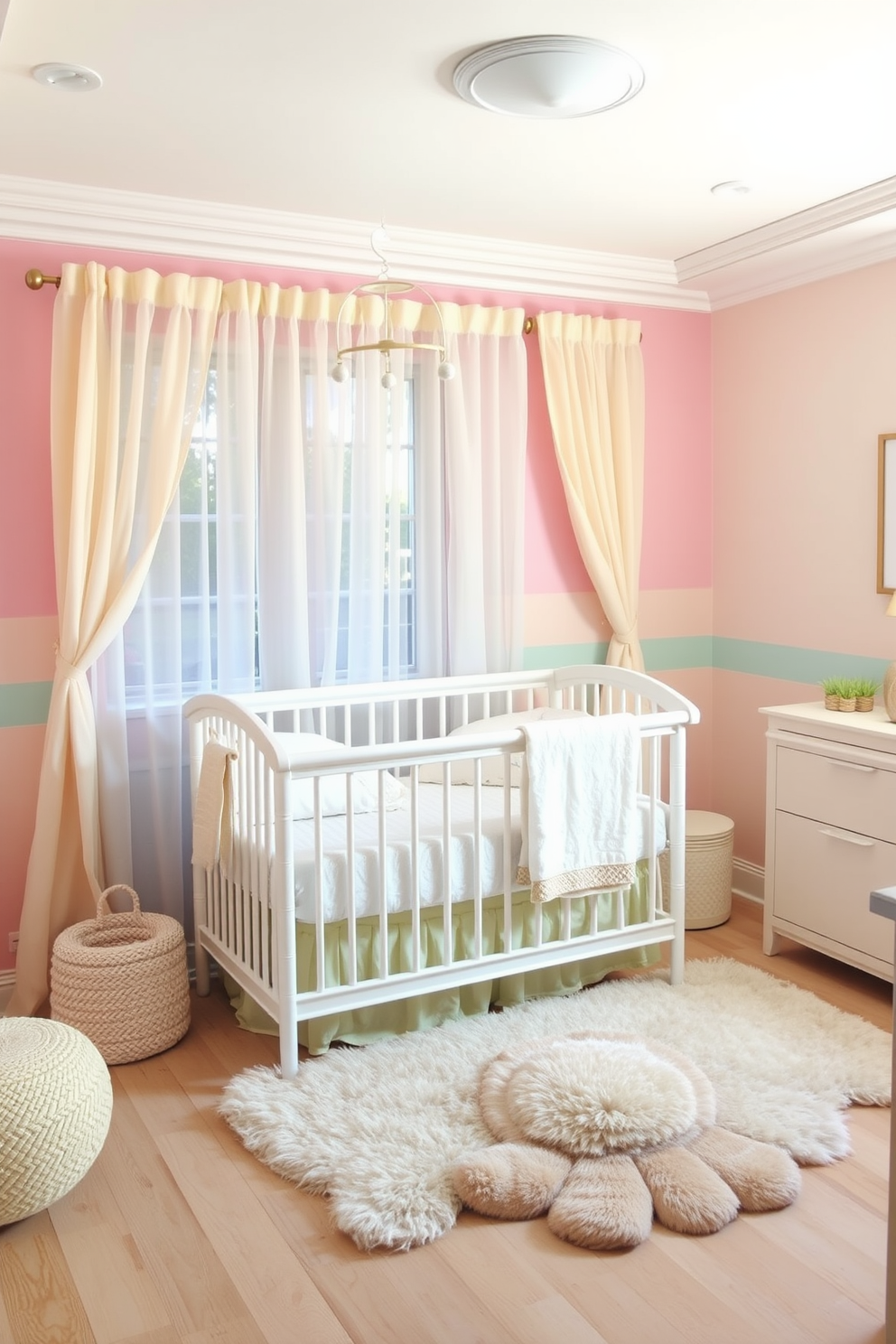 A serene nursery filled with pastel hues creates a gentle and inviting atmosphere. Soft pinks, blues, and yellows blend harmoniously on the walls, complemented by a cozy white crib adorned with plush bedding. Delicate curtains flutter softly in the breeze, filtering natural light into the space. A whimsical mobile hangs above the crib, while a plush area rug offers a warm spot for playtime on the floor.