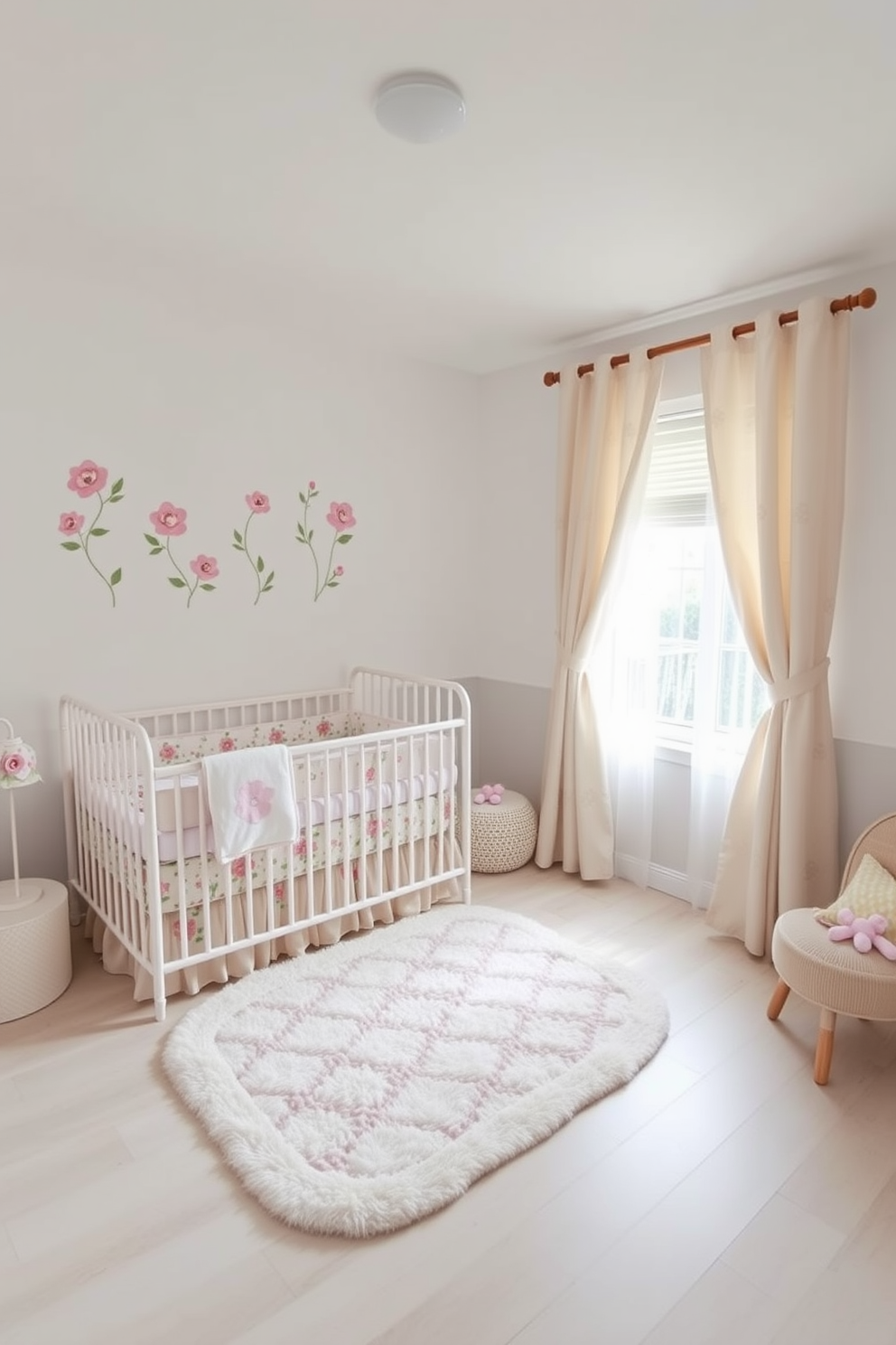 Floral bedding in soft pastel colors adorns a cozy crib, creating a cheerful and inviting atmosphere. The walls are painted a gentle white, accented with whimsical floral decals that bring the nursery to life. A plush area rug in a complementary shade provides a soft play space for little ones. Soft curtains frame the window, allowing natural light to filter in while maintaining privacy.