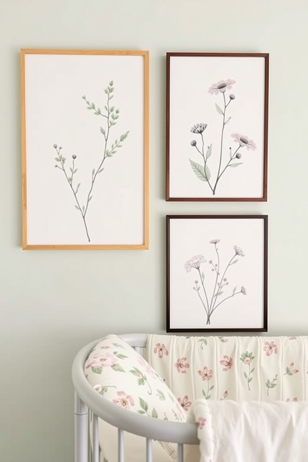 Nature inspired wall art featuring soft pastel colors and delicate botanical illustrations. The artwork should evoke a sense of tranquility and connection to the outdoors. Spring nursery decorating ideas that incorporate light and airy fabrics with floral patterns. Include gentle color palettes of mint green and blush pink to create a serene and inviting atmosphere.