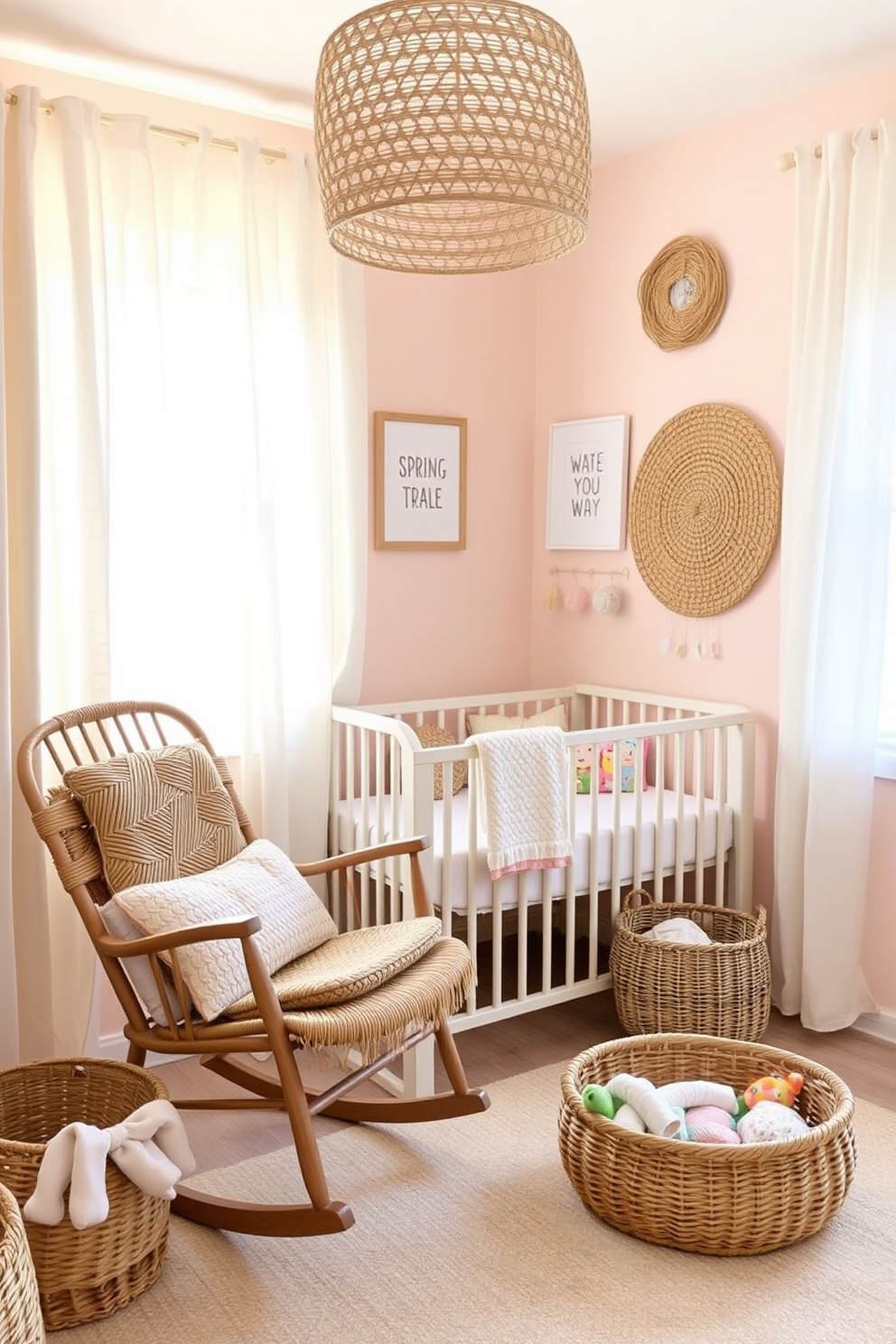 A cozy spring nursery filled with woven straw decor that adds texture and warmth. Soft pastel colors dominate the walls, complemented by a comfortable rocking chair adorned with a straw cushion. Natural light streams in through sheer curtains, illuminating a charming crib surrounded by playful wall art. A woven straw basket sits in the corner, filled with colorful toys and blankets for a welcoming touch.