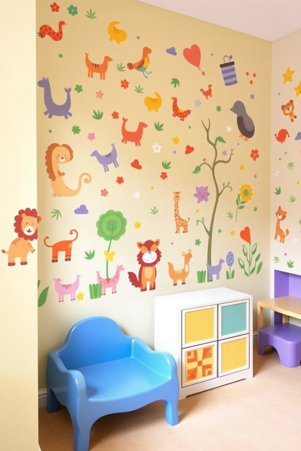 A vibrant playroom filled with colorful wall decals depicting playful animals and whimsical shapes. The walls are painted in a soft pastel hue, creating a cheerful and inviting atmosphere for children to explore and play.