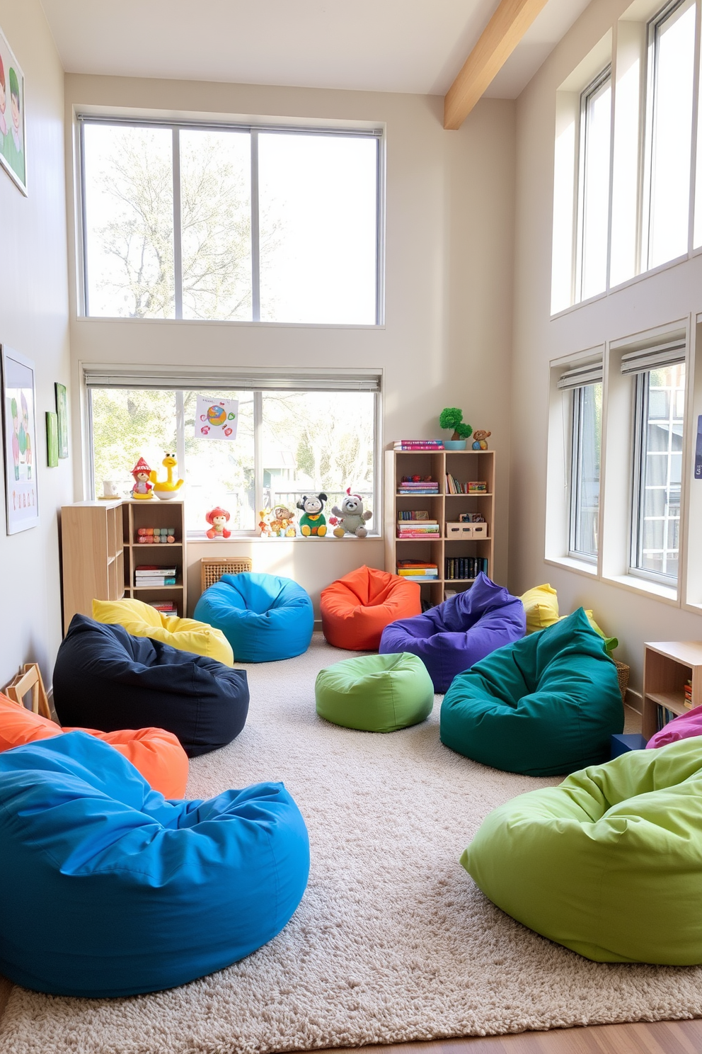 A cozy soft seating area filled with colorful bean bags in various shapes and sizes. The walls are adorned with playful artwork and the floor is covered with a soft, inviting rug. Natural light floods the space through large windows, creating a cheerful atmosphere. Shelves are filled with toys and books, encouraging creativity and playfulness in the room.