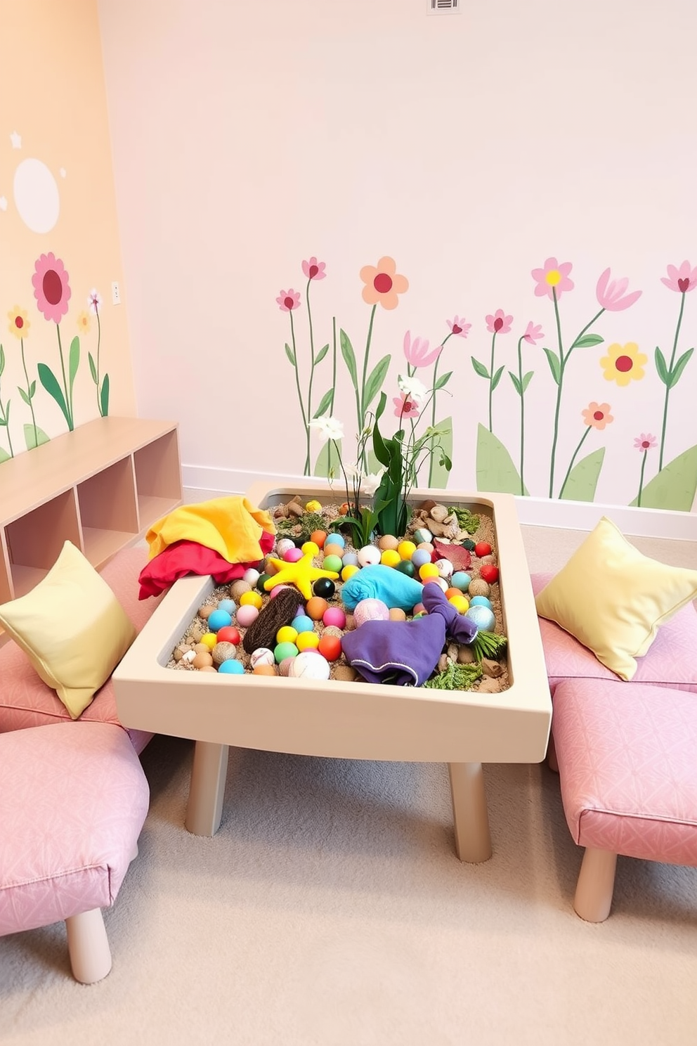 A sensory play table designed for a spring-themed playroom. The table is filled with an assortment of colorful materials such as soft fabrics, textured balls, and natural elements like flowers and leaves. The walls are adorned with cheerful pastel colors and playful spring-themed artwork. Cozy seating is arranged around the table, inviting children to explore and engage with the creative setup.