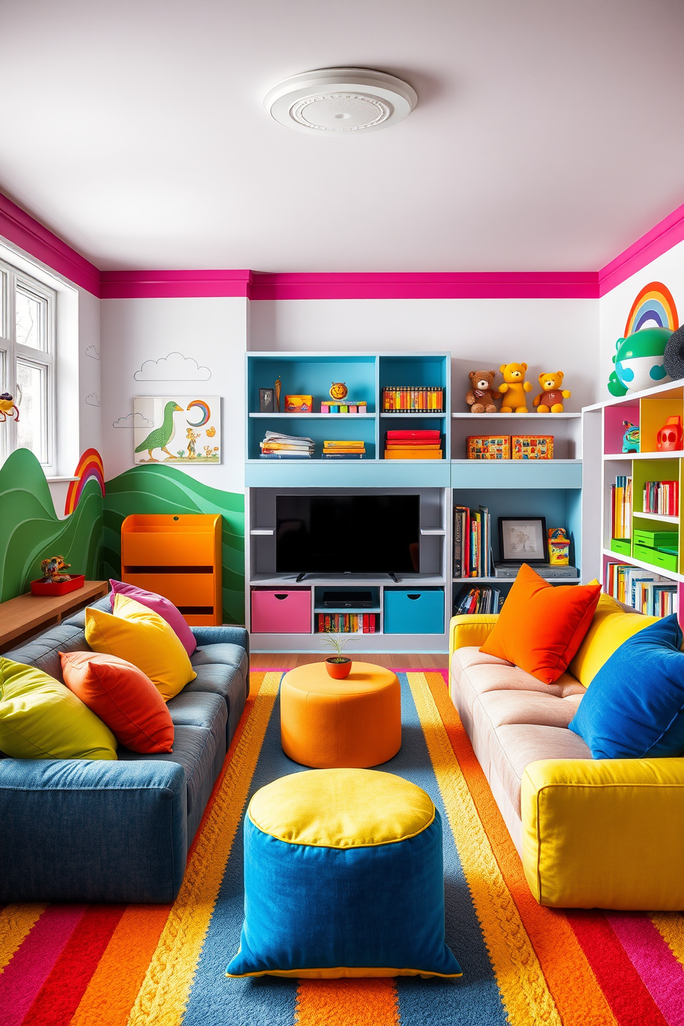 A vibrant playroom filled with a rainbow color scheme that exudes a cheerful vibe. The walls are adorned with playful murals and the furniture features bright, bold colors that invite creativity and fun. Cozy seating areas with oversized cushions in various hues create a welcoming atmosphere. Shelves are filled with colorful toys and books, enhancing the playful spirit of the space.