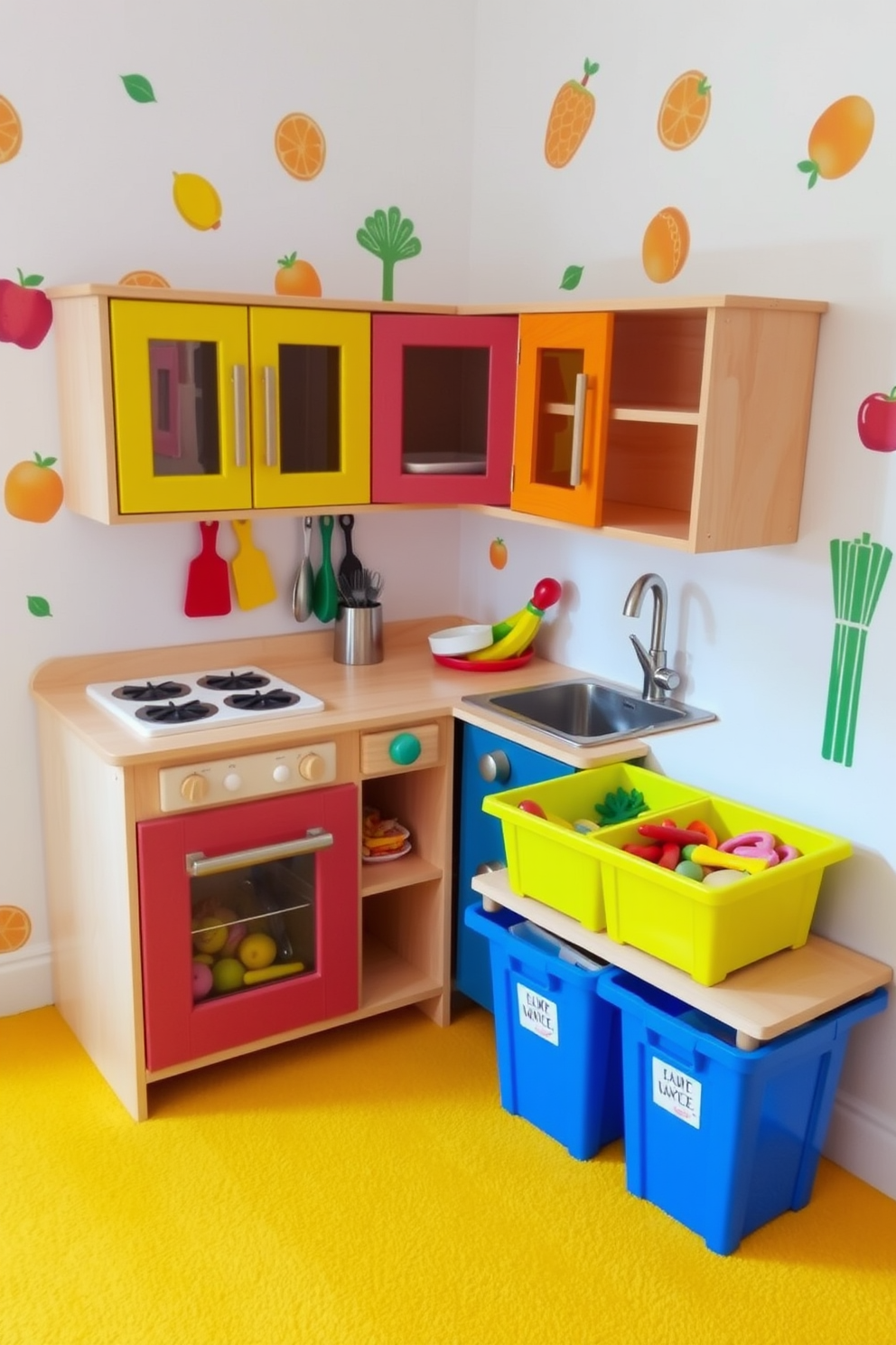 A vibrant play kitchen designed for imaginative role play. It features a wooden play kitchen set with colorful cabinets, a pretend stove, and a sink, all surrounded by playful wall decals of fruits and vegetables. The flooring is a soft, plush carpet in a cheerful yellow hue. Brightly colored storage bins filled with play food and utensils are neatly arranged nearby, inviting creativity and fun.