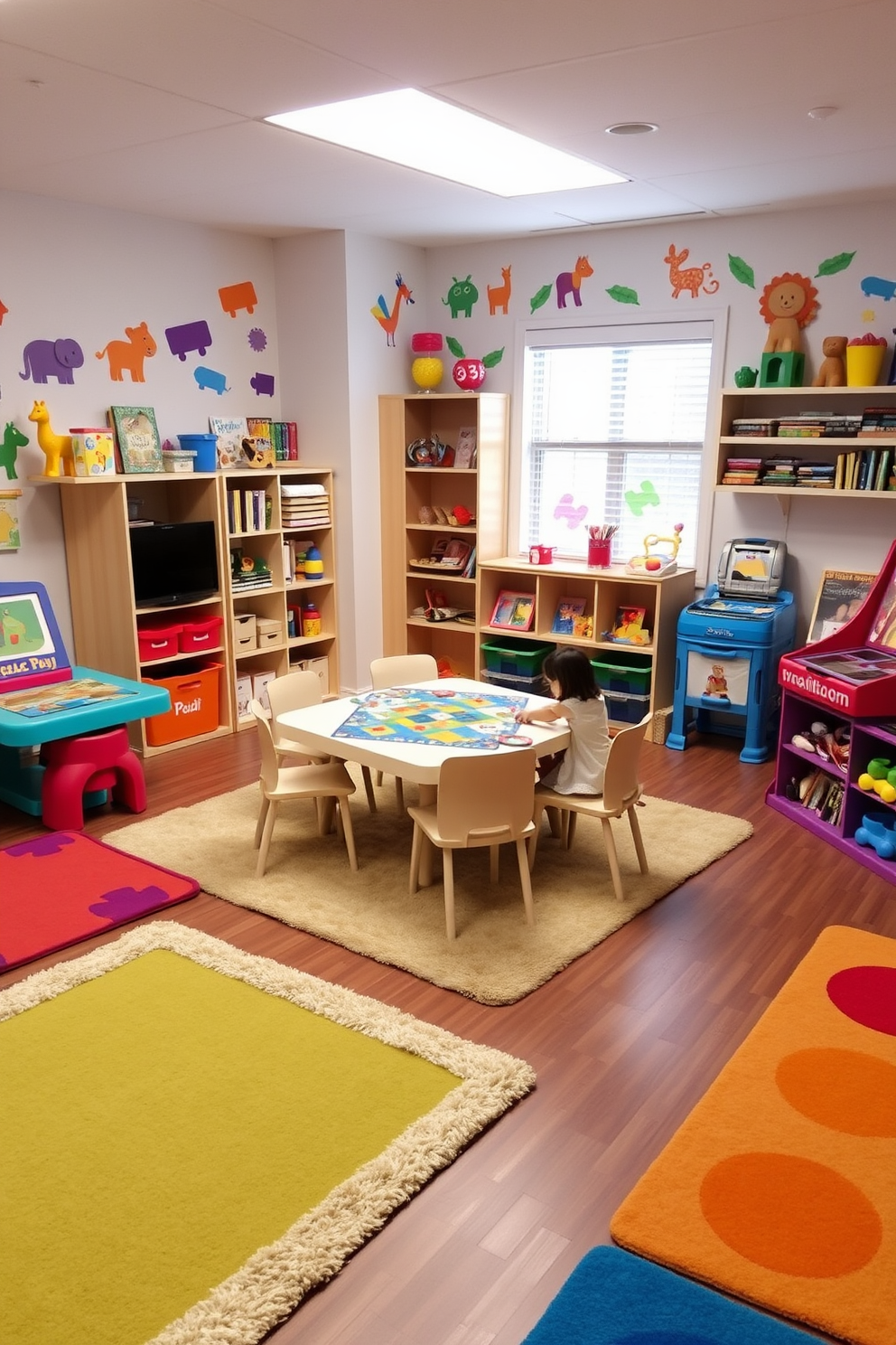 A vibrant playroom filled with colorful puzzle and game stations designed for family fun. Plush rugs cover the floor, and bright wall decals of animals and shapes create an inviting atmosphere. In one corner, a large table is surrounded by comfortable chairs, perfect for board games and puzzles. Shelves lined with books and toys add to the playful environment, encouraging creativity and bonding time.