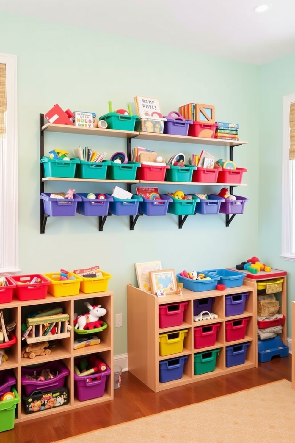 A bright and cheerful playroom features wall-mounted shelves adorned with colorful bins filled with toys. The walls are painted in a soft pastel hue, creating a playful atmosphere that invites creativity and fun.