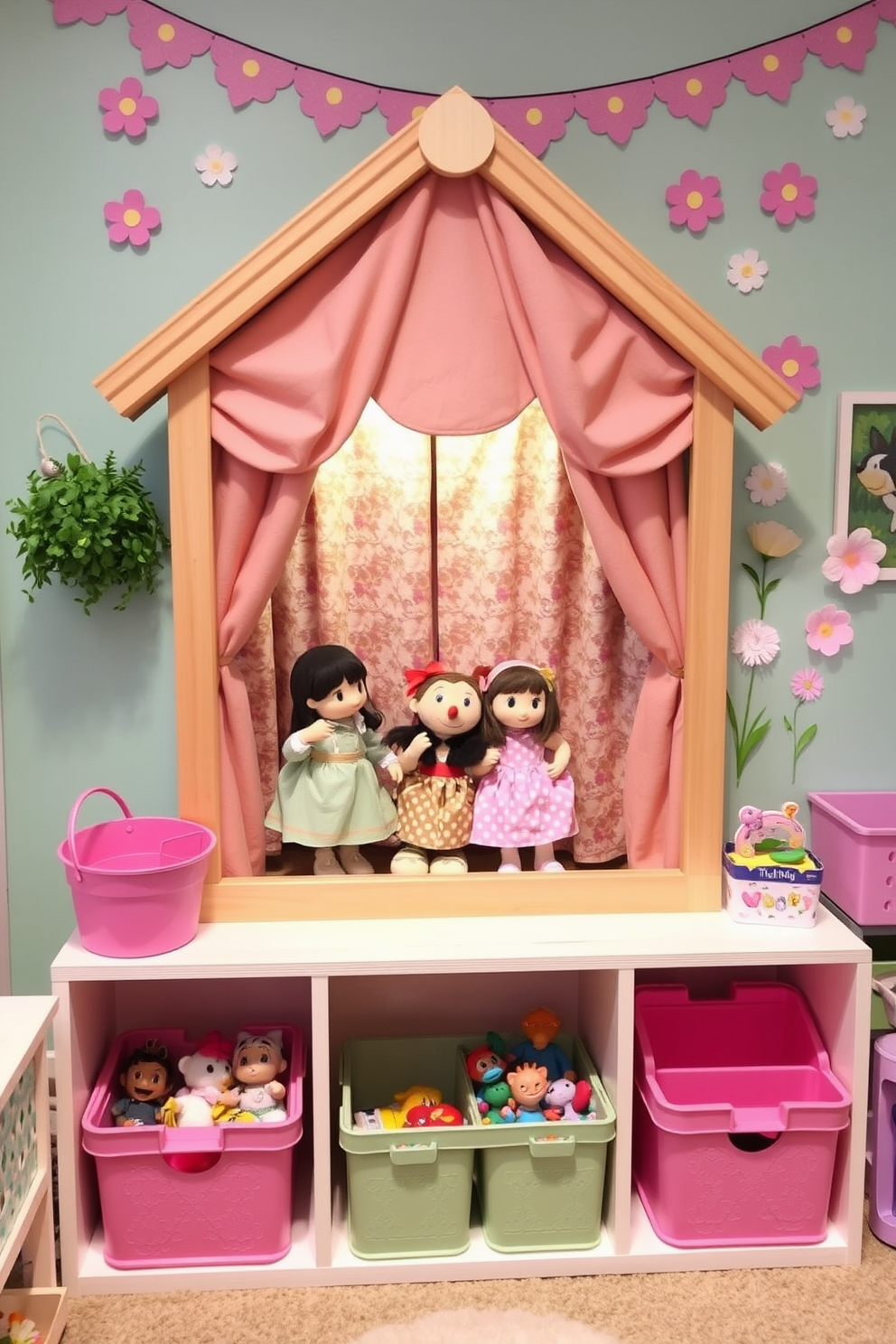 A charming DIY puppet theater designed for storytelling sessions. The theater features a colorful fabric backdrop and a wooden frame, inviting children to engage in imaginative play. Bright and playful spring-themed decorations enhance the playroom atmosphere. Soft pastel colors and floral patterns adorn the walls, while whimsical storage solutions keep toys organized and accessible.