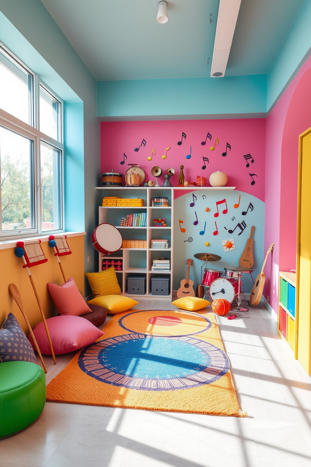 A vibrant playroom corner filled with various musical instruments invites creativity and sound exploration. Colorful rugs and cushions create a cozy space for children to sit and play, while shelves display drums, xylophones, and maracas. Brightly colored walls in pastel shades enhance the cheerful atmosphere, and large windows allow natural light to flood in. A playful mural depicting musical notes and instruments adds an artistic touch, inspiring kids to engage with the sounds around them.