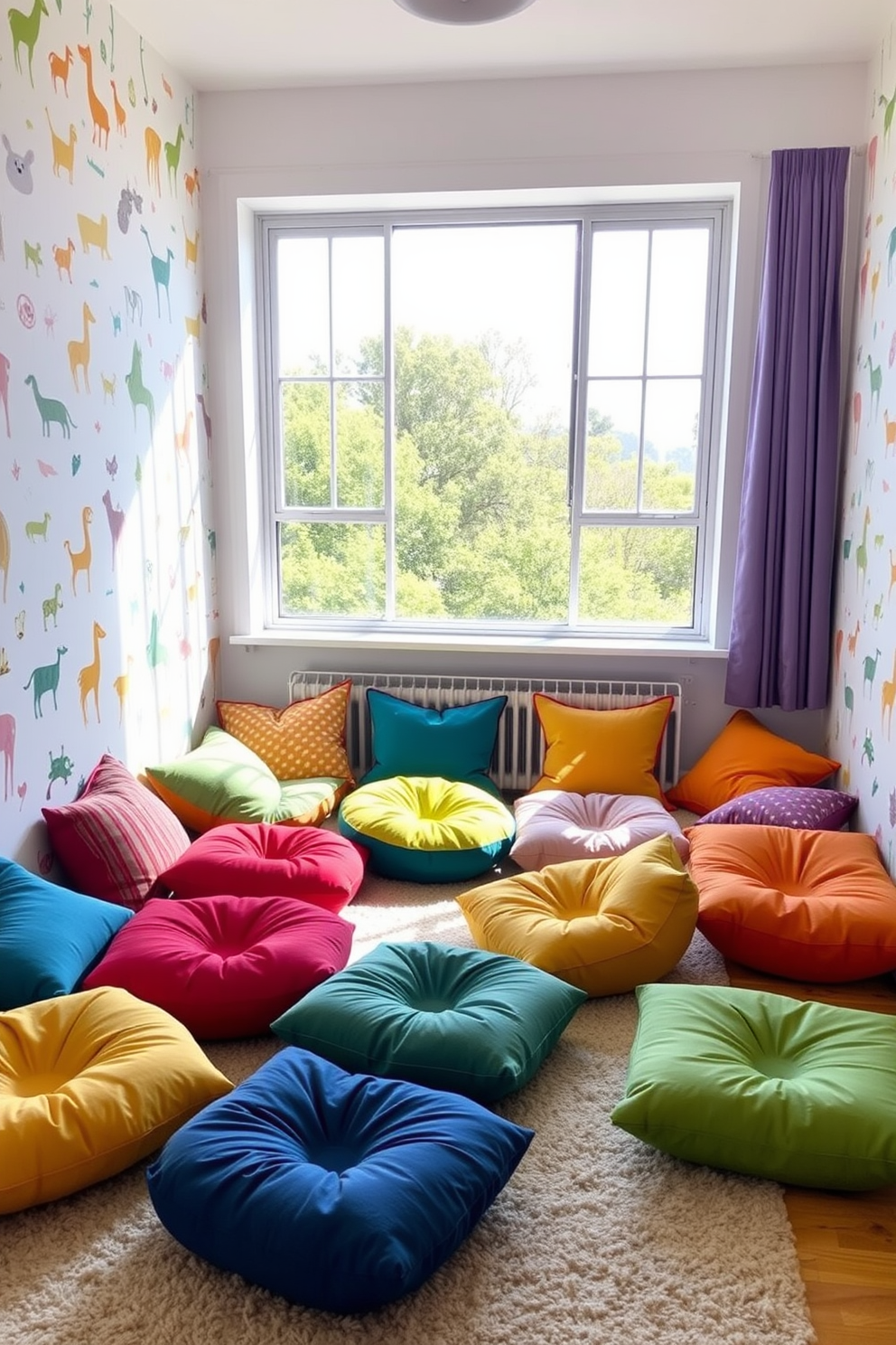 A vibrant playroom filled with natural light features colorful floor cushions arranged in a cozy seating area. The cushions come in various shapes and sizes, providing flexible seating options for children to gather and play comfortably. The walls are adorned with playful wallpaper depicting whimsical animals and bright patterns. A soft rug anchors the space, adding warmth and inviting children to sit and enjoy their creative activities.