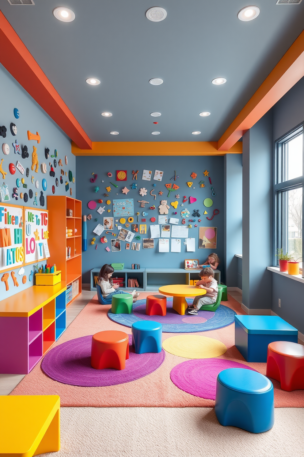 A vibrant playroom designed to inspire creativity and imagination. The walls are adorned with a magnetic surface, allowing children to easily display their artwork and engage in interactive play. Brightly colored furniture pieces in playful shapes are scattered throughout the room. Soft, durable rugs provide a comfortable area for activities, while large windows invite natural light to fill the space.