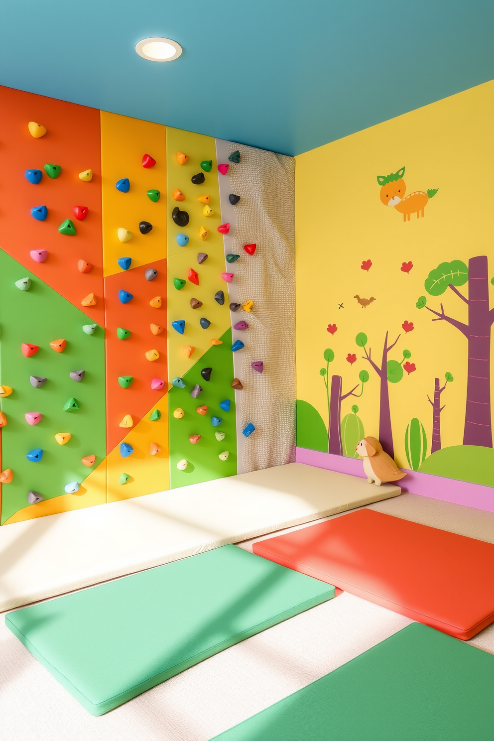 A vibrant playroom designed for active playtime features an indoor climbing wall made of colorful holds and textured panels. Soft mats are placed below the climbing area to ensure safety while children explore their climbing skills. The walls are painted in cheerful pastel colors, creating an inviting atmosphere. Fun and playful decor, such as wall decals of trees and animals, enhances the adventurous spirit of the space.