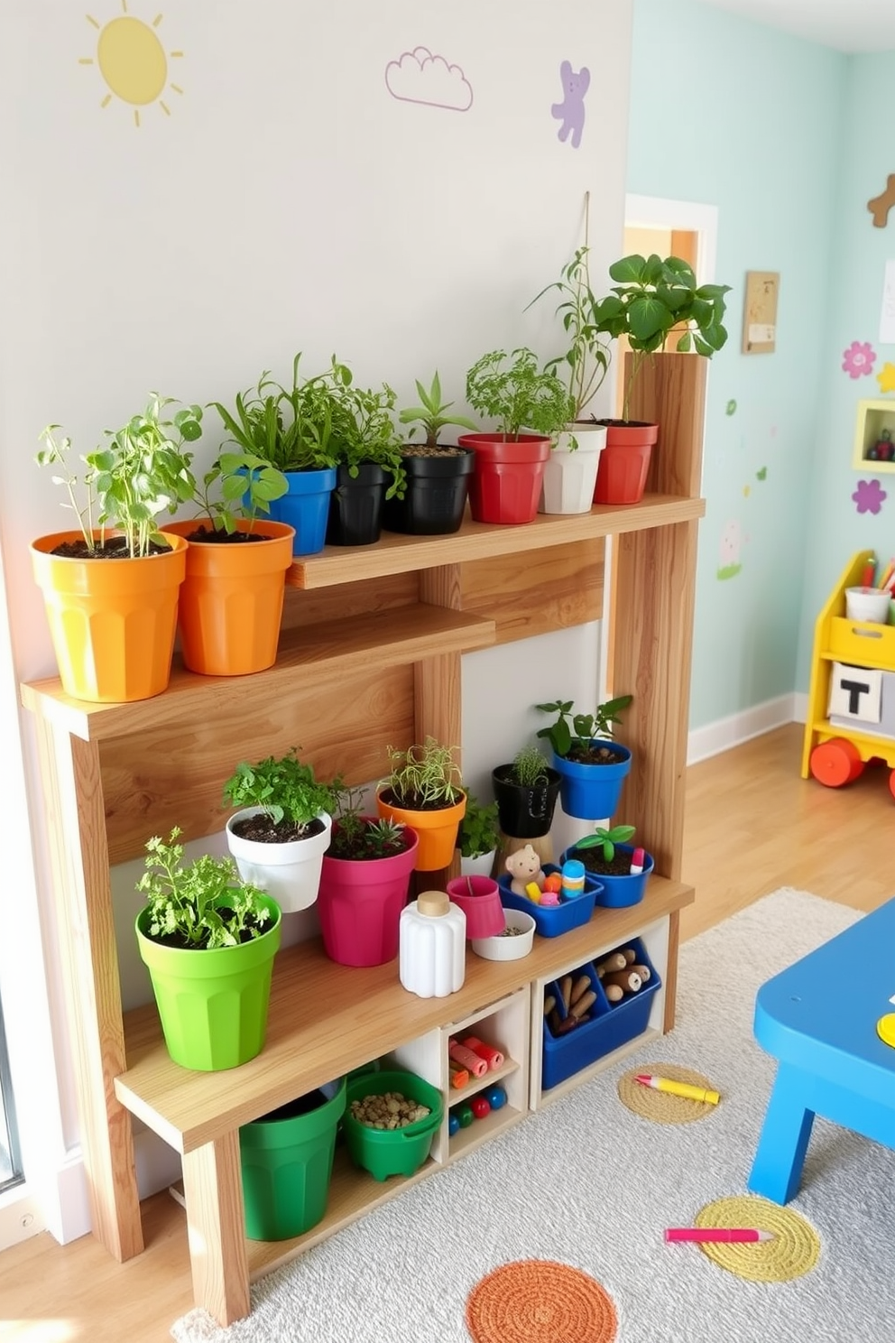 A mini indoor garden designed for hands-on learning. The space features a variety of colorful pots filled with herbs and small plants, arranged on a sturdy wooden shelf. The playroom is bright and inviting, with playful wall decals and a soft rug. Various learning stations are set up with interactive toys and art supplies to inspire creativity.