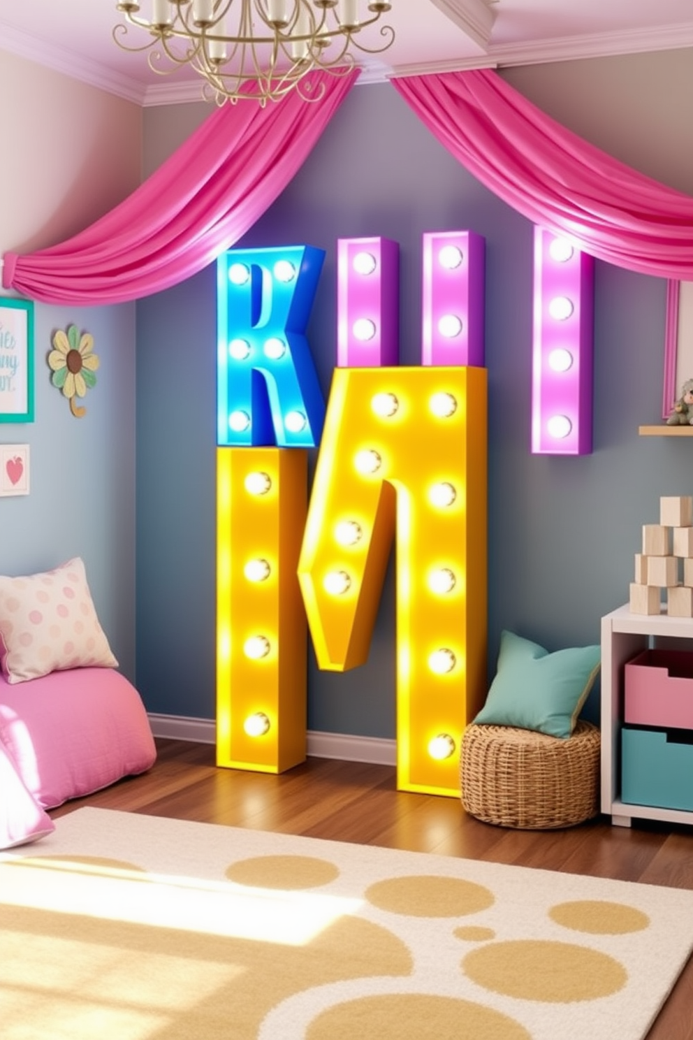 Light up marquee letters in vibrant colors create a playful and personalized atmosphere in the spring playroom. Surround the letters with whimsical decor such as pastel-colored cushions and playful wall art to enhance the cheerful environment. Incorporate bright and airy elements like soft rugs and playful storage solutions to complement the marquee letters. Use natural light to illuminate the space, creating an inviting area for children to play and explore their creativity.