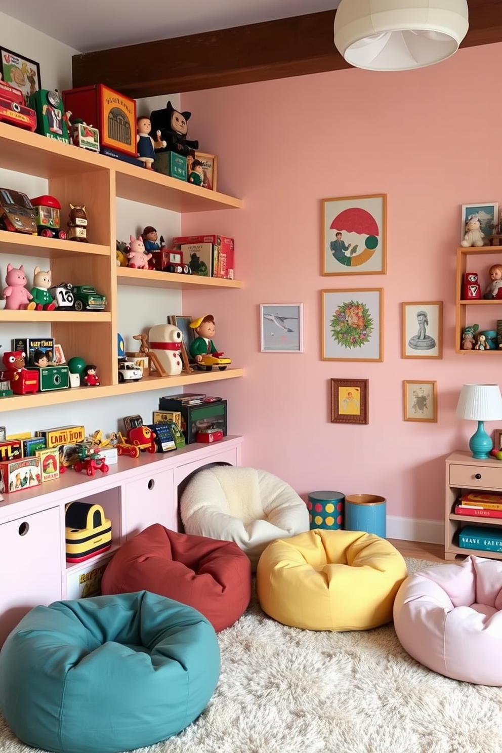 A vintage toy display showcases an array of classic toys arranged on open wooden shelves. The vibrant colors of the toys contrast beautifully with the soft pastel walls, creating a warm and inviting atmosphere. In the center of the playroom, a cozy reading nook features a plush rug and bean bags for comfortable seating. Cheerful artwork and playful accents enhance the whimsical feel of the space, making it perfect for imaginative play.