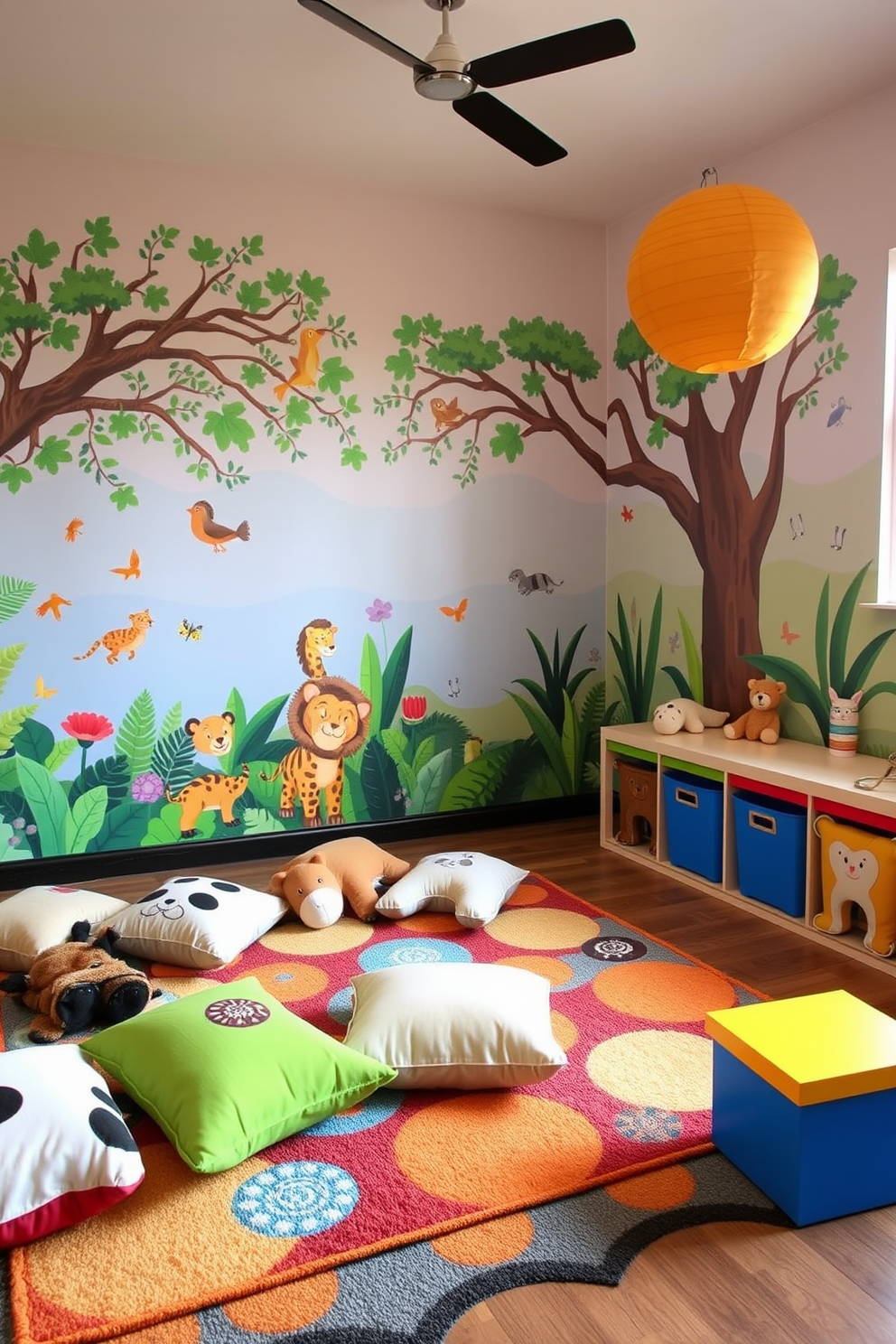 A vibrant playroom filled with animal-themed decor creates a whimsical atmosphere. Plush animal cushions are scattered across a colorful rug, and wall decals of various animals add playful charm. A large mural depicting a jungle scene serves as a stunning backdrop. Brightly colored storage bins shaped like animals provide functional organization while enhancing the theme.