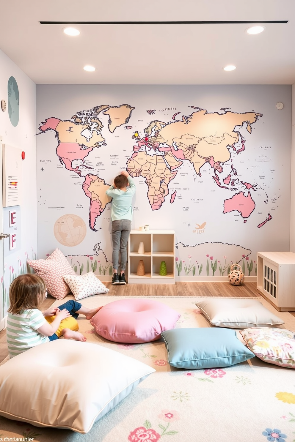 An interactive map wall is designed for an educational playroom, featuring a large world map mural that encourages exploration and learning. Colorful pins and markers are provided for children to mark different locations, enhancing their geographical knowledge while they play. The spring playroom is decorated with pastel-colored accents and floral patterns, creating a cheerful and inviting atmosphere. Soft cushions and playful rugs are scattered around the space, providing comfortable areas for children to sit and engage in creative activities.