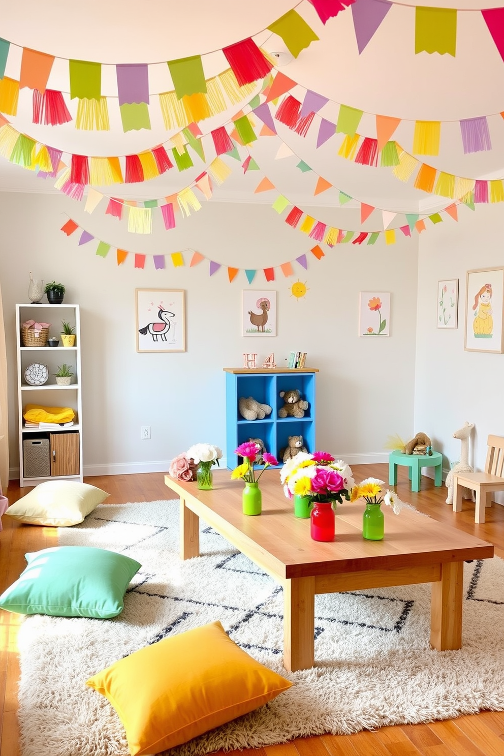 A vibrant playroom filled with seasonal decorations that celebrate the spirit of spring. Colorful bunting hangs from the ceiling, and cheerful pastel cushions are scattered across a soft area rug. A large wooden play table is adorned with fresh flowers in bright vases, creating a lively atmosphere. The walls are painted in a light, airy hue, and playful artwork featuring animals and nature adds to the whimsical feel.