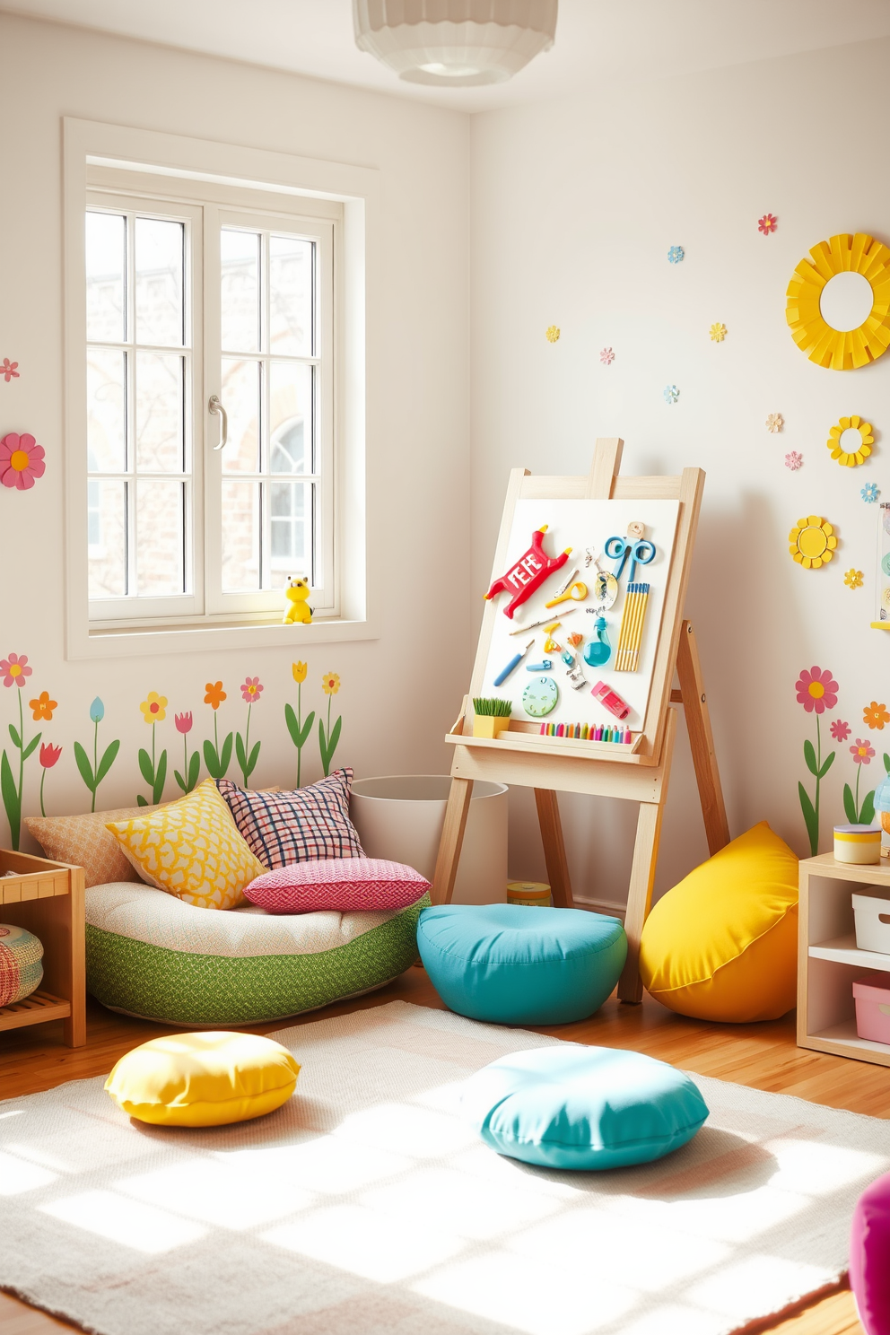 A vibrant playroom filled with natural light features a large art easel positioned in the corner. Surrounding the easel are colorful cushions and a variety of art supplies, creating an inviting space for creativity and fun. The walls are adorned with playful spring-themed decorations, including floral patterns and bright colors. A soft area rug in pastel hues covers the floor, providing a cozy spot for children to sit and play.