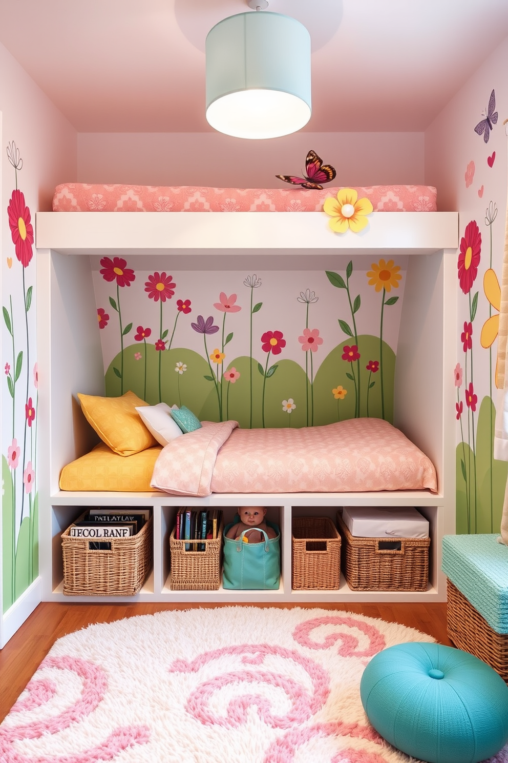 A playful spring-themed playroom filled with vibrant colors and fun patterns. The walls are adorned with cheerful murals of flowers and butterflies, while a soft, plush rug in pastel hues covers the floor. Under the bed, stylish storage solutions are cleverly integrated to keep toys and treasures neatly tucked away. Baskets in various sizes are used to organize books and games, ensuring the space remains tidy and inviting.