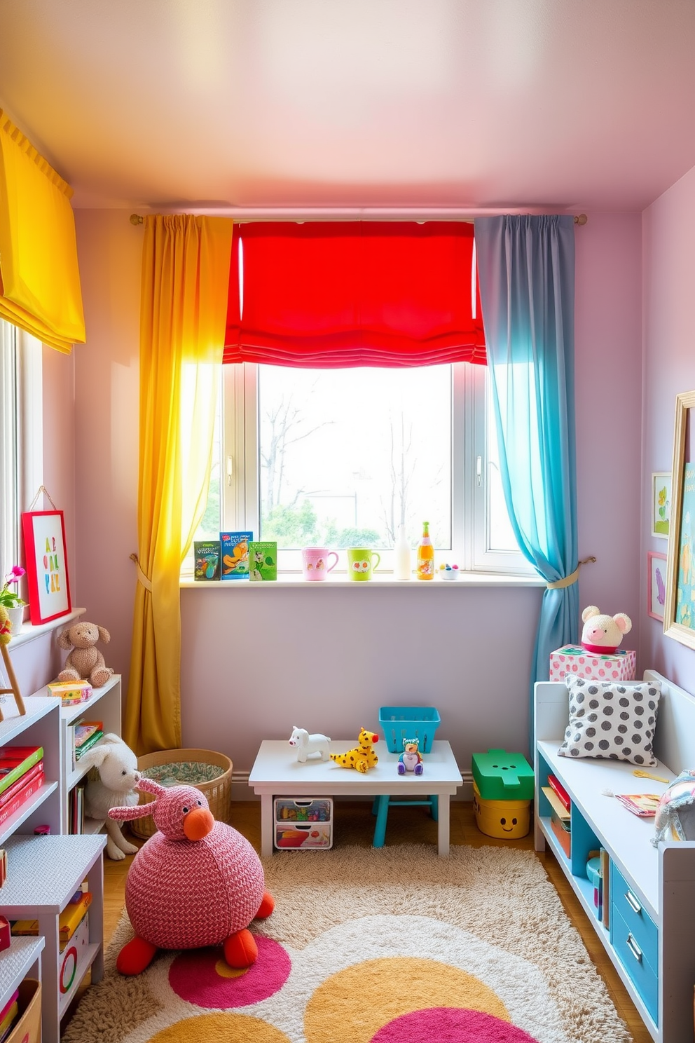 A vibrant playroom filled with joy and creativity. Colorful curtains in bright hues frame the windows, allowing natural light to flood the space and enhance the cheerful atmosphere. The walls are painted in soft pastel shades, creating a warm and inviting backdrop. Playful artwork and playful decor elements add personality, while a cozy rug anchors the playful furniture arrangement.