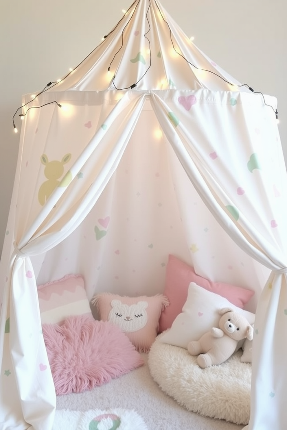 A whimsical play tent designed for cozy hideaway adventures. The tent features soft pastel colors and playful patterns, creating an inviting space for children to explore their imagination. Inside the tent, plush cushions and blankets are scattered to enhance comfort. String lights are draped along the top, adding a magical glow to the playroom atmosphere.