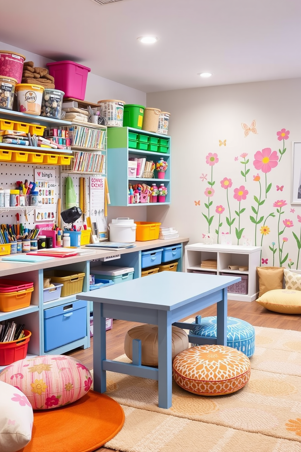 A vibrant craft station filled with organized supplies and tools. Brightly colored bins and shelves display an array of art materials, while a large work table is ready for creative projects. A playful spring-themed playroom decorated with pastel colors and floral patterns. Soft rugs and cushions provide comfort, and whimsical wall art adds a cheerful atmosphere.