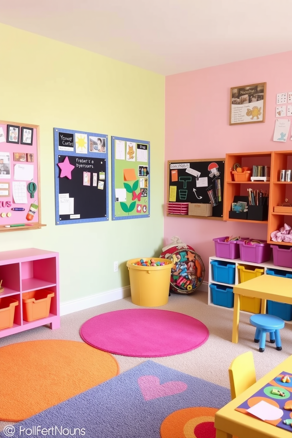 A vibrant playroom filled with wall-mounted activity boards designed to engage children's creativity and learning. The walls are painted in cheerful pastel colors, and the floor is covered with soft, colorful rugs for comfort and play. Each activity board features interactive elements such as chalkboards, magnetic surfaces, and art displays, encouraging hands-on exploration. Brightly colored bins and shelves neatly organize toys and art supplies, creating an inviting and functional space for play and learning.