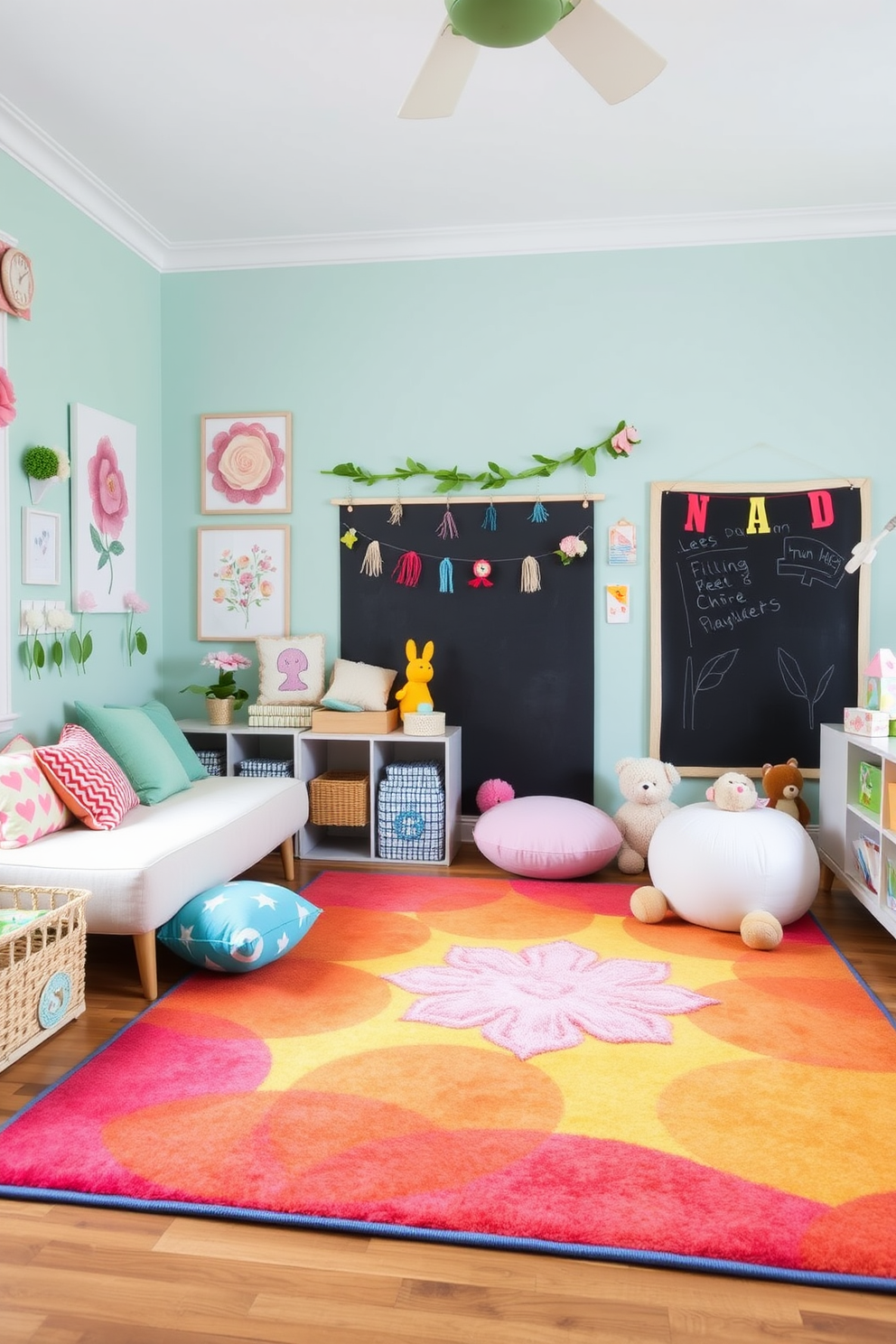 A bright area rug in vibrant colors anchors the playroom, providing both comfort and a pop of style. It complements the playful decor and encourages children to sit and play on the floor. Incorporate spring-themed decorations, such as pastel-colored cushions and floral wall art, to create a lively atmosphere. Add playful elements like stuffed animals and a chalkboard wall for creativity and fun.