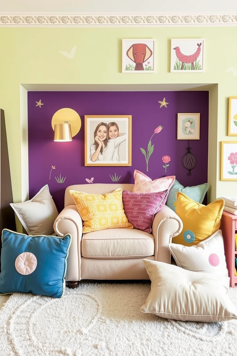 Themed reading nook with cozy cushions. A plush armchair is surrounded by an array of colorful cushions in various shapes and sizes, creating an inviting atmosphere for reading. Spring Playroom Decorating Ideas. Bright pastel colors adorn the walls, while playful artwork features cheerful themes, and a soft rug provides a comfortable area for children to play.