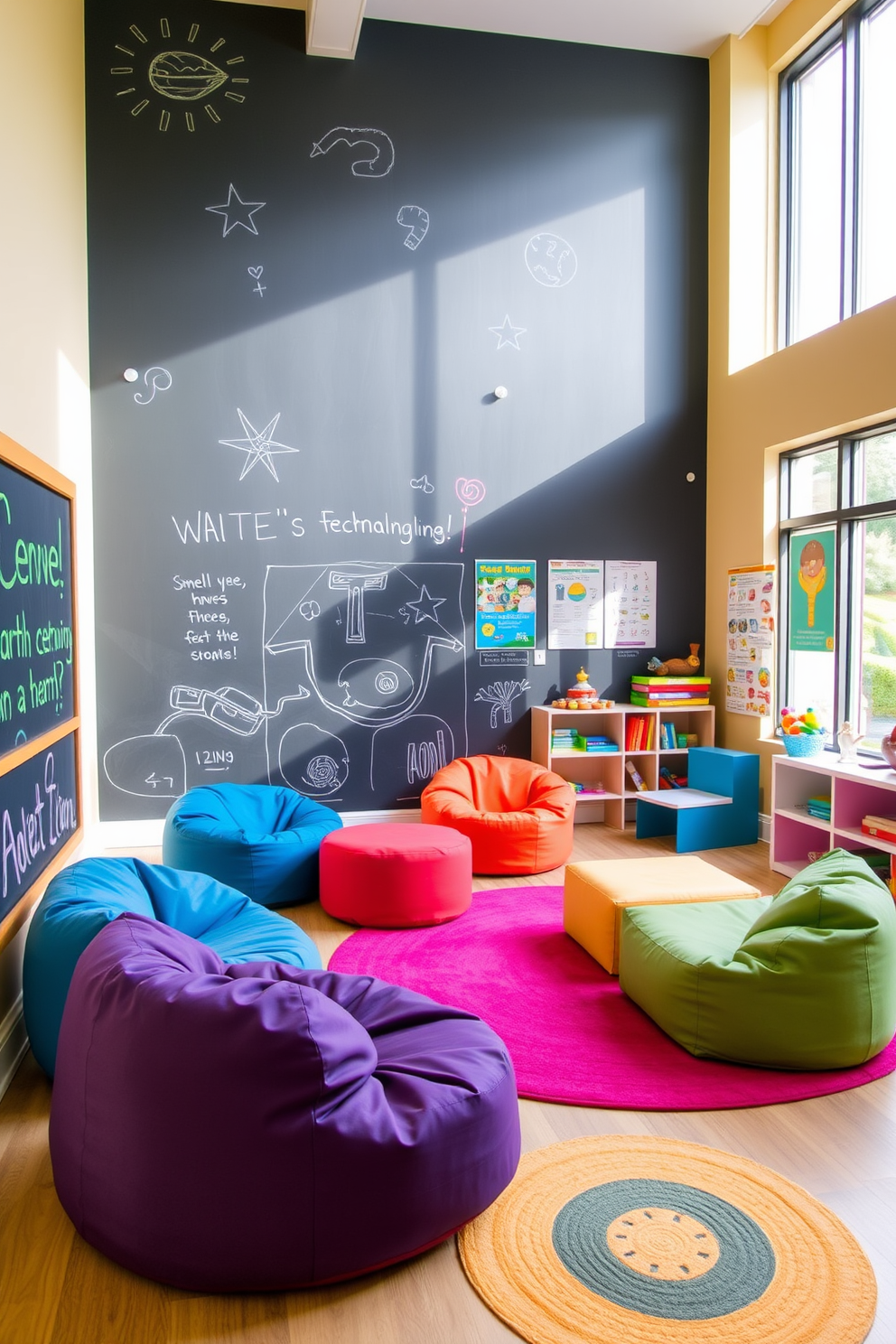 A vibrant playroom features an interactive chalkboard wall that invites creativity and imagination. The space is filled with colorful furniture, including bean bags and a low table, creating a fun and engaging environment for children. Natural light floods the room through large windows, highlighting playful artwork and educational posters. Soft area rugs in bright colors add warmth and comfort, making it the perfect place for play and learning.