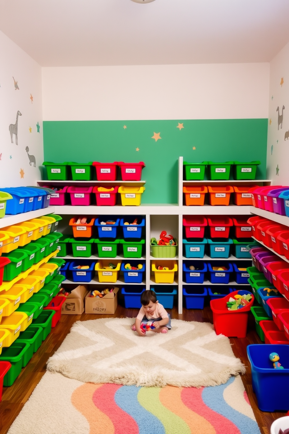 A cheerful playroom filled with colorful toy storage bins arranged neatly along the walls. Each bin is labeled and comes in various bright colors, creating an inviting and organized space for children to play and explore. The walls are painted in soft pastel shades, and playful wall decals of animals and shapes add a whimsical touch. A soft area rug in the center of the room provides a cozy spot for kids to sit and play with their toys.