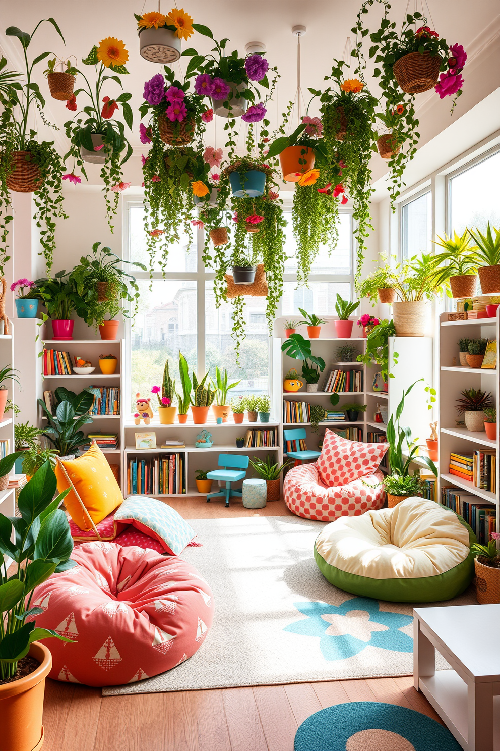 A vibrant playroom filled with nature-inspired decor featuring an array of colorful plants and cheerful flowers. The walls are painted in soft pastel hues, and playful patterns adorn the furniture, creating a whimsical and inviting atmosphere. Cozy reading nooks are created with oversized cushions and bean bags, surrounded by shelves filled with books and toys. Large windows allow natural light to flood the space, enhancing the connection to the outdoors and making it a perfect retreat for children.