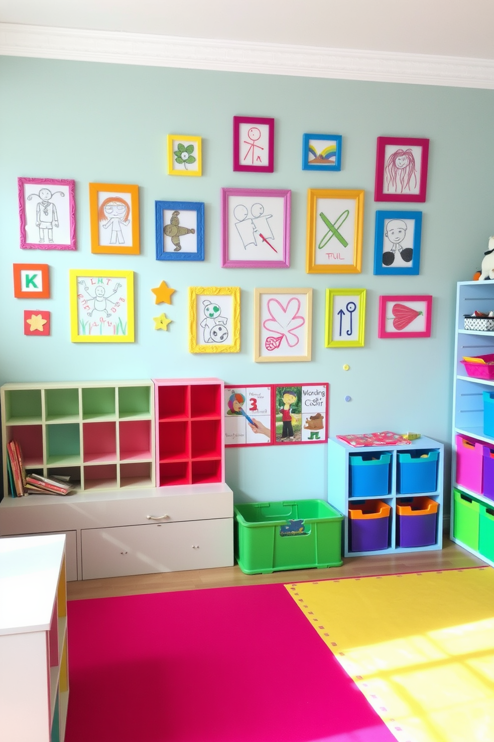 A vibrant art display wall featuring children's colorful creations is the focal point of the playroom. The wall is painted in a soft pastel hue, with various frames in playful shapes showcasing drawings and crafts. The playroom is filled with bright, cheerful furniture such as a cozy reading nook and a large play mat. Fun storage solutions like colorful bins and shelves keep the space organized while adding to the playful atmosphere.