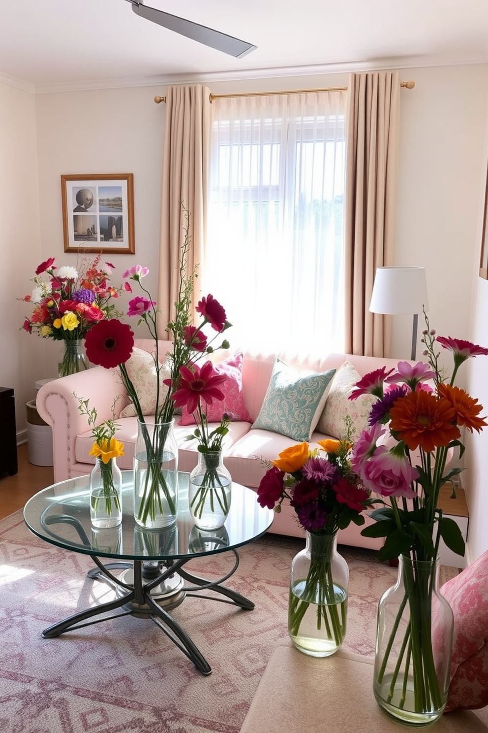 Fresh floral arrangements in vases bring a vibrant touch to a small living room. The space features a cozy seating area with a soft pastel sofa and a coffee table adorned with colorful blooms in various heights. Light streaming through sheer curtains enhances the cheerful atmosphere. A patterned area rug anchors the seating, while decorative pillows add layers of texture and comfort.